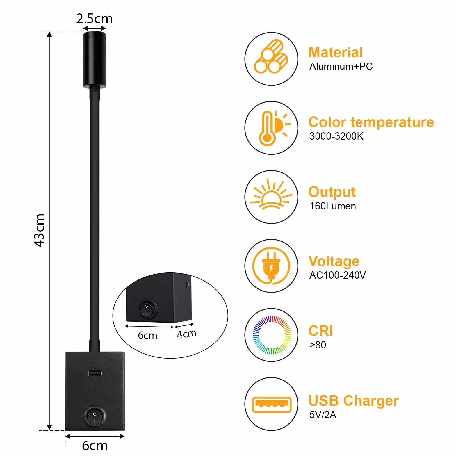Lampada da Lettura a LED da Parete 3W con Collo d'oca Flessibile 360° USB 3000K Nero