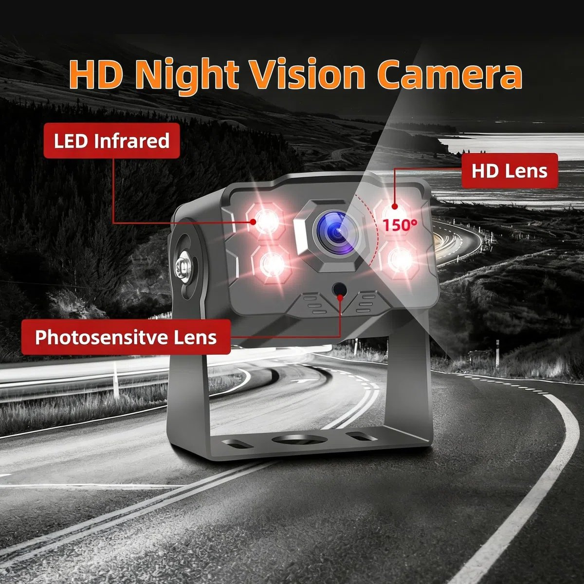 Hodozzy Telecamera Posteriore Auto con 7" Monitor IPS e Telecamera AHD, Visione Notturna IR Impermeabile IP68 Telecamera per Retromarcia Cavo 4 Pin 15 m per Camion/Rimorchio/Autobus/Furgone(9-36V)