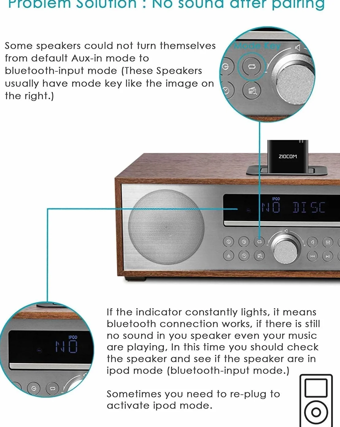 ZIOCOM Adattatore Bluetooth a 30 pin per Bose iPhone iPod SoundDock e altri altoparlanti dock a 30 pin con cavo Aux da 3,5 mm (non per auto e moto)