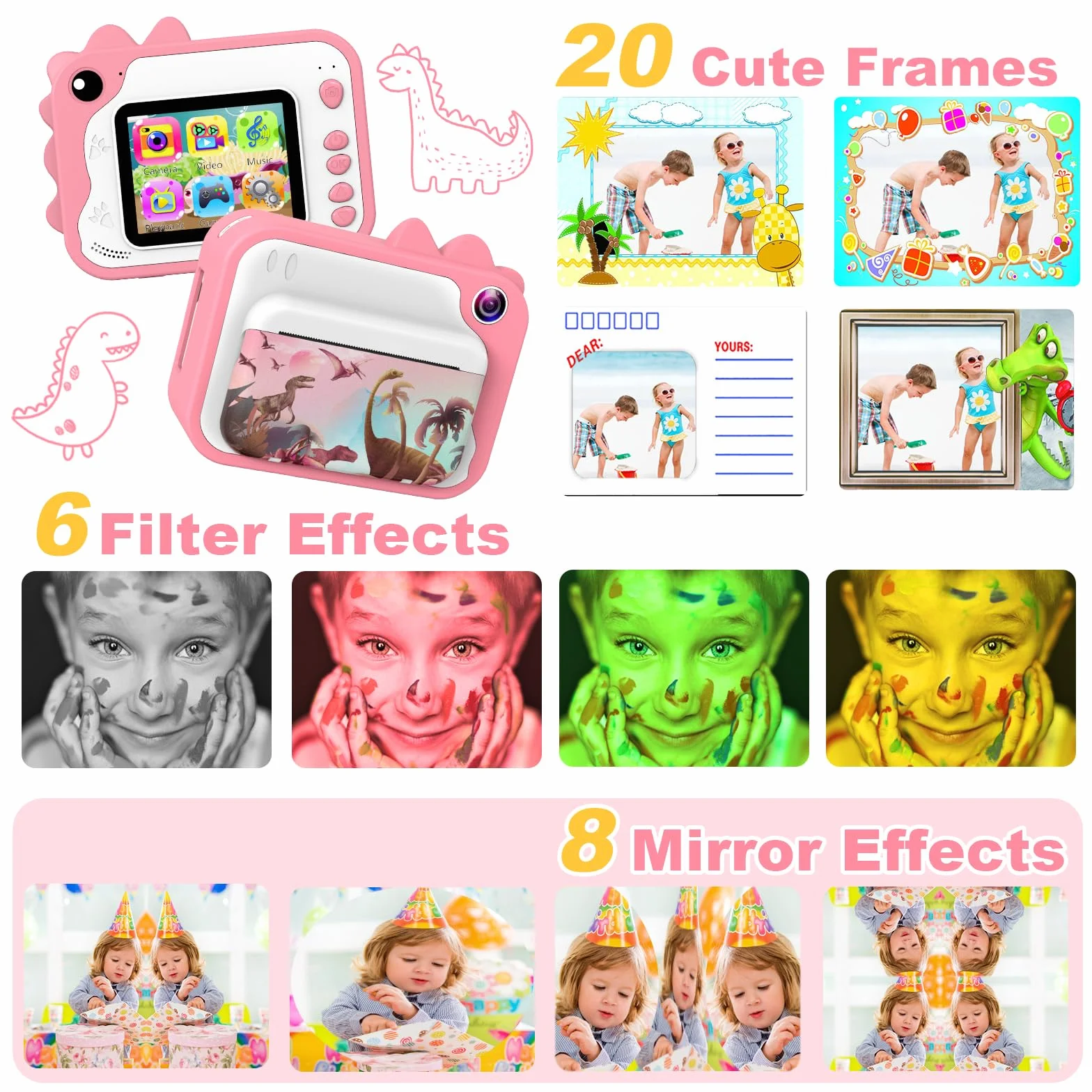 Macchina fotografica digitale per bambini, macchina fotografica istantanea di stampa per ragazze, schermo da 2.0 pollici, 3 rotoli di carta da stampa, mini giocattolo ricaricabile per bambini (rosa)