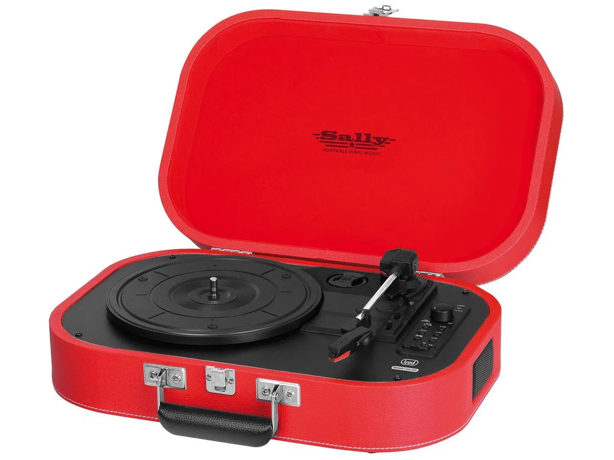 Trevi TT 1020 BT Giradischi Vintage Portatile a Valigetta con Lettore Vinili 33/45/78 Giri, MP3, USB, AUX-IN, Encoding, Batteria Ricaricabile e Altoparlanti Stereo Incorporati, Design Retrò, Rosso