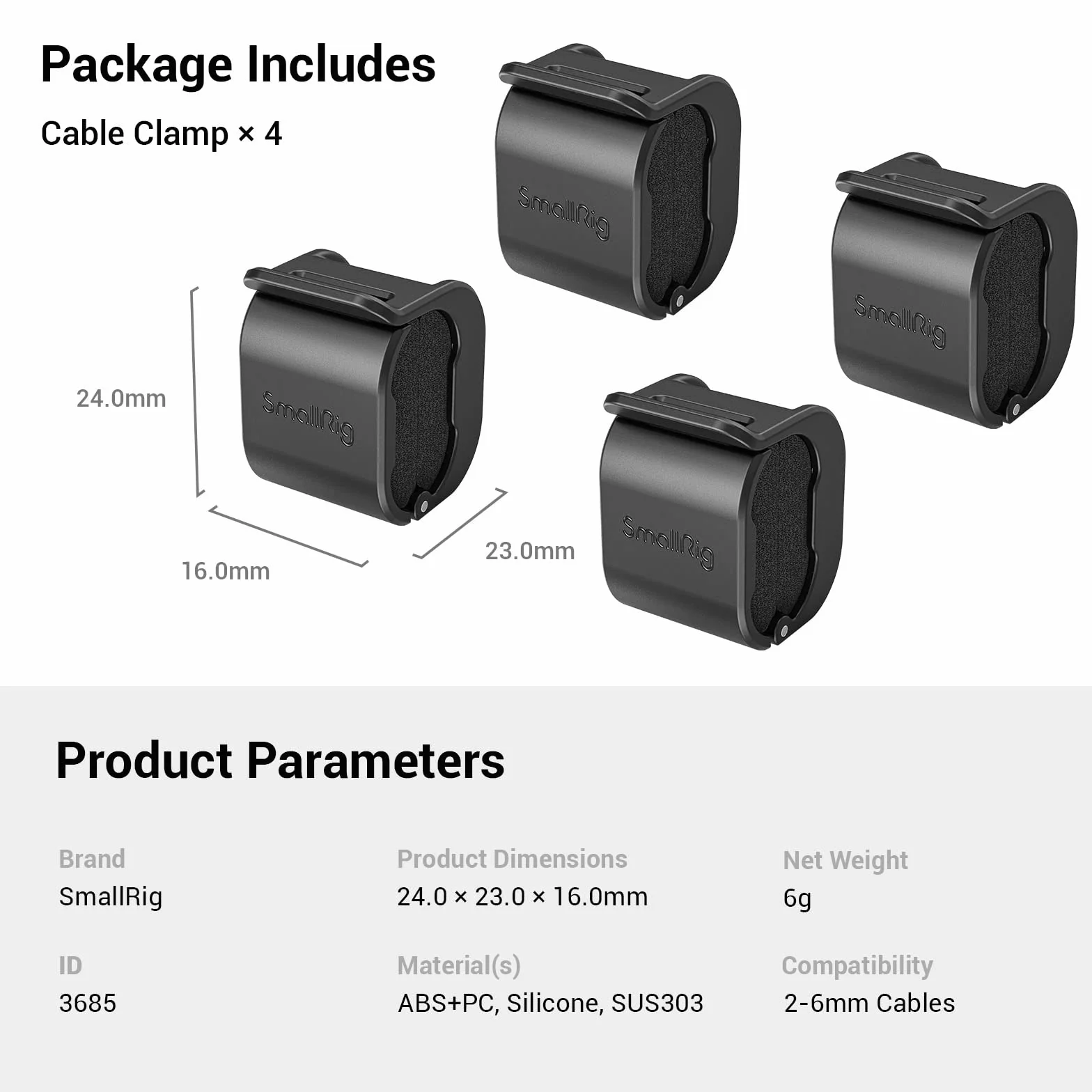 SMALLRIG Morsetto per Cavo per Fotocamera (4 pezzi) per Cavo HDMI/SDI/Microfono, Supporto per Montaggio con Blocco del Cavo per Fotocamera DSLR Cavo da 2-6 mm - 3685