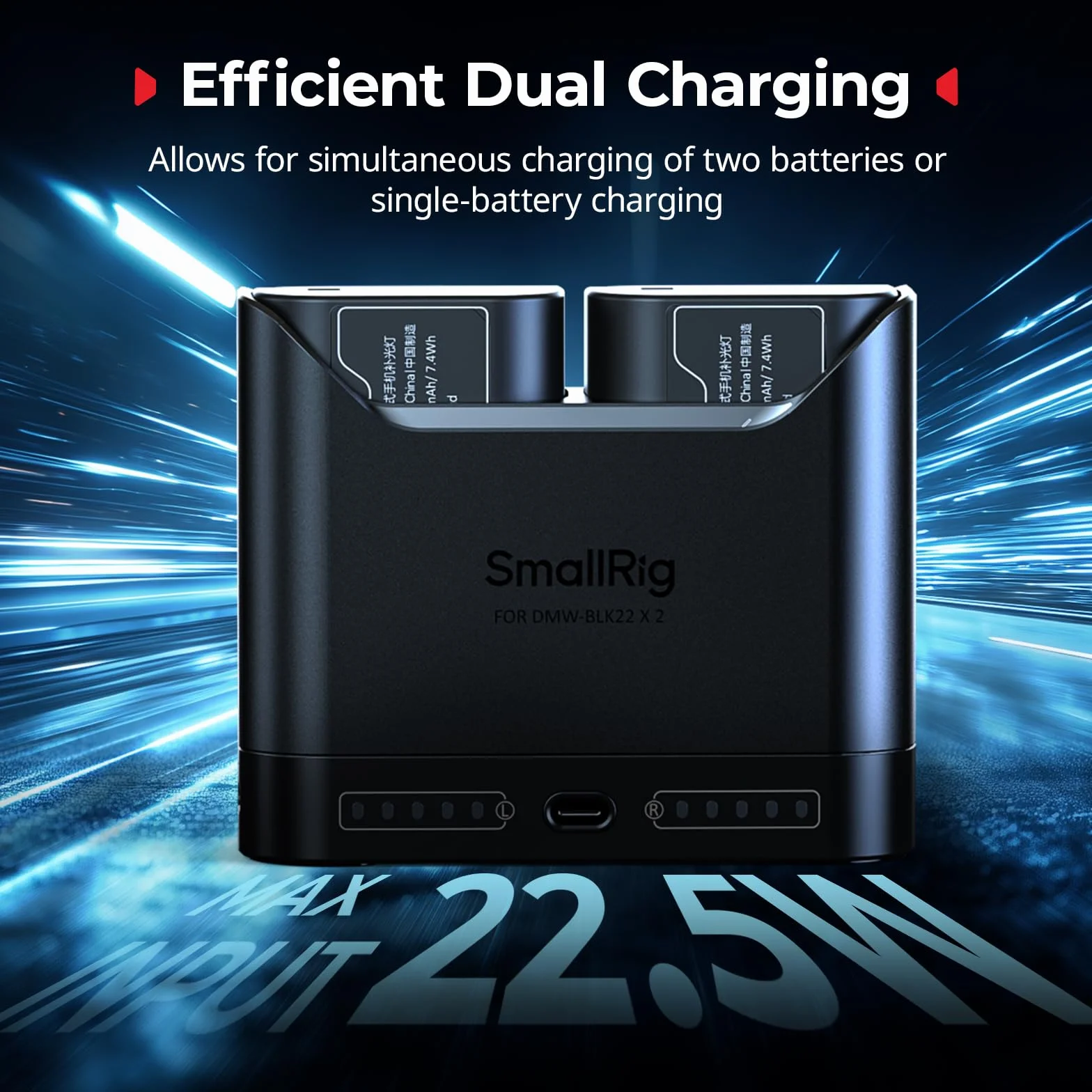 SMALLRIG DMW-BLK22 Caricabatterie per Panasonic, Caricabatterie per fotocamera a doppio slot da 2 ore con porta di USB-C, per Panasonic Lumix GH5, GH5 II, GH6, GH7, S5, S5 II, S5 IIX, S9, G9 II, -5492