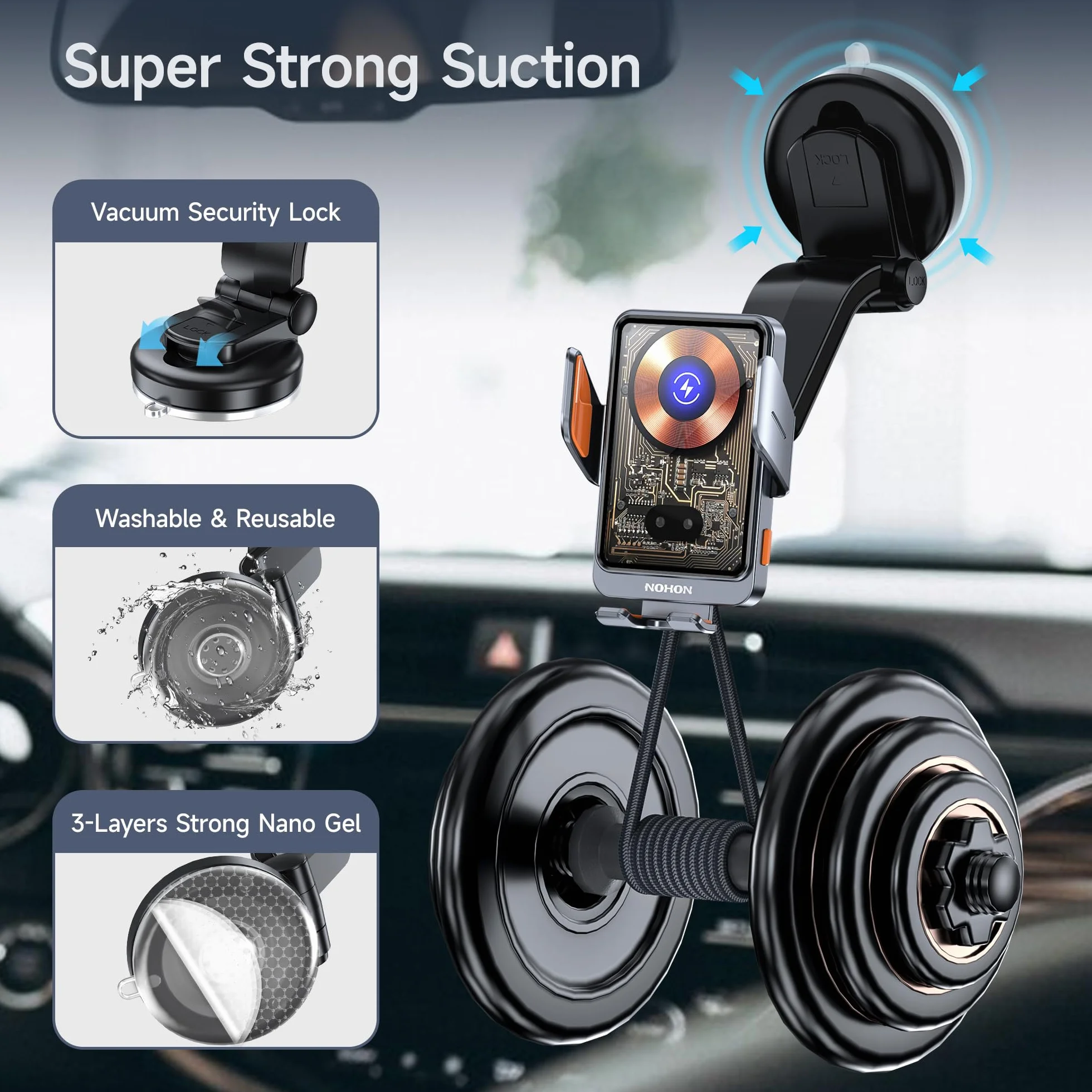 NOHON 15W Qi Caricatore Wireless Auto：Supporto Telefono Auto con Clip Ventosa per iPhone 17 16 15 14 13 12,Samsung,Xiaomi,360° Rotazione Auto-Bloccaggio Porta Cellulare Ricarica Wireless Auto