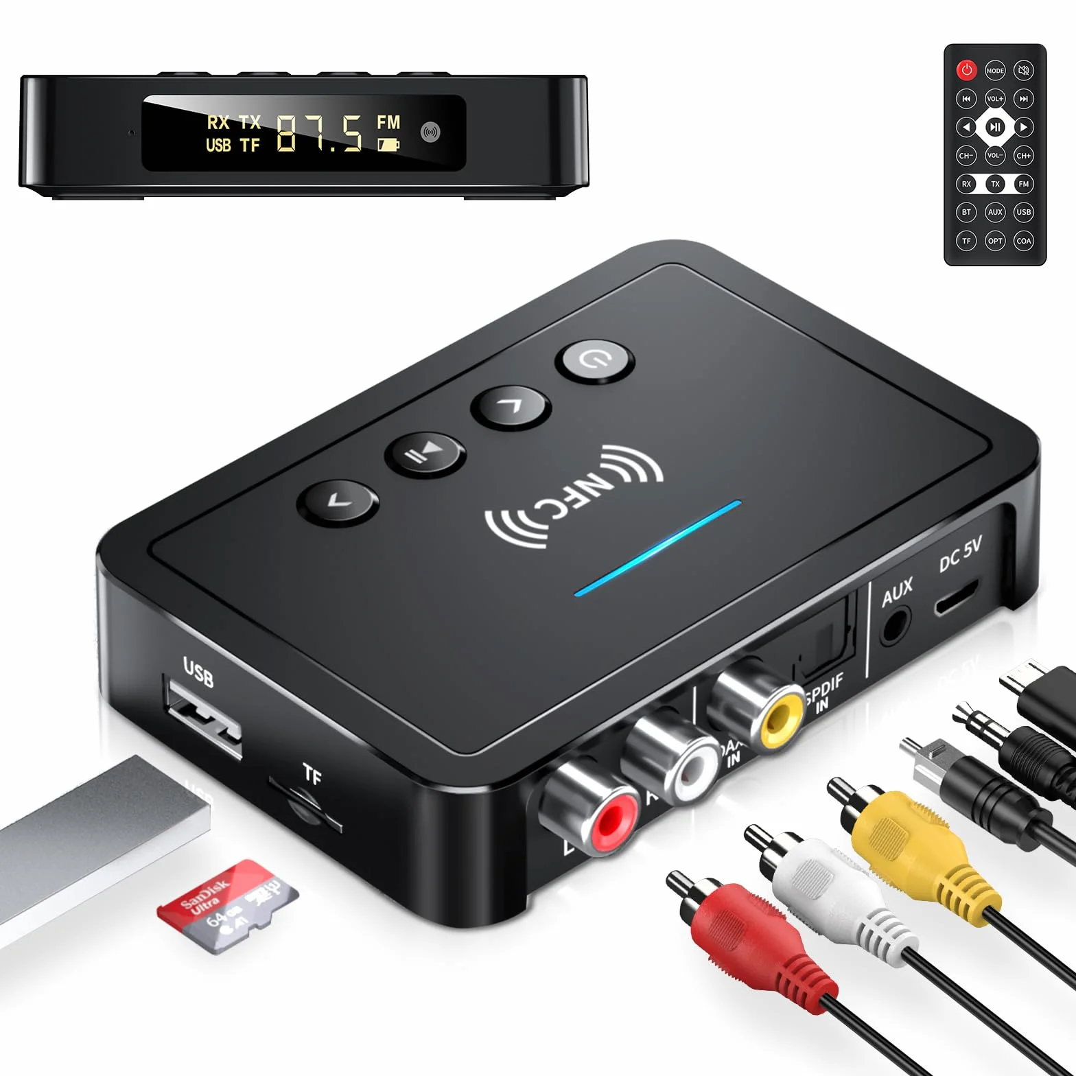 Trasmettitore Bluetooth, Adattatore Ricevitore Trasmettitore Bluetooth 5.0 3 in 1, Trasmettitore FM con Cavo RCA/AUX, Adattatore Audio Wireless per Sistema Stereo/TV/PC/Cuffie/Altoparlanti