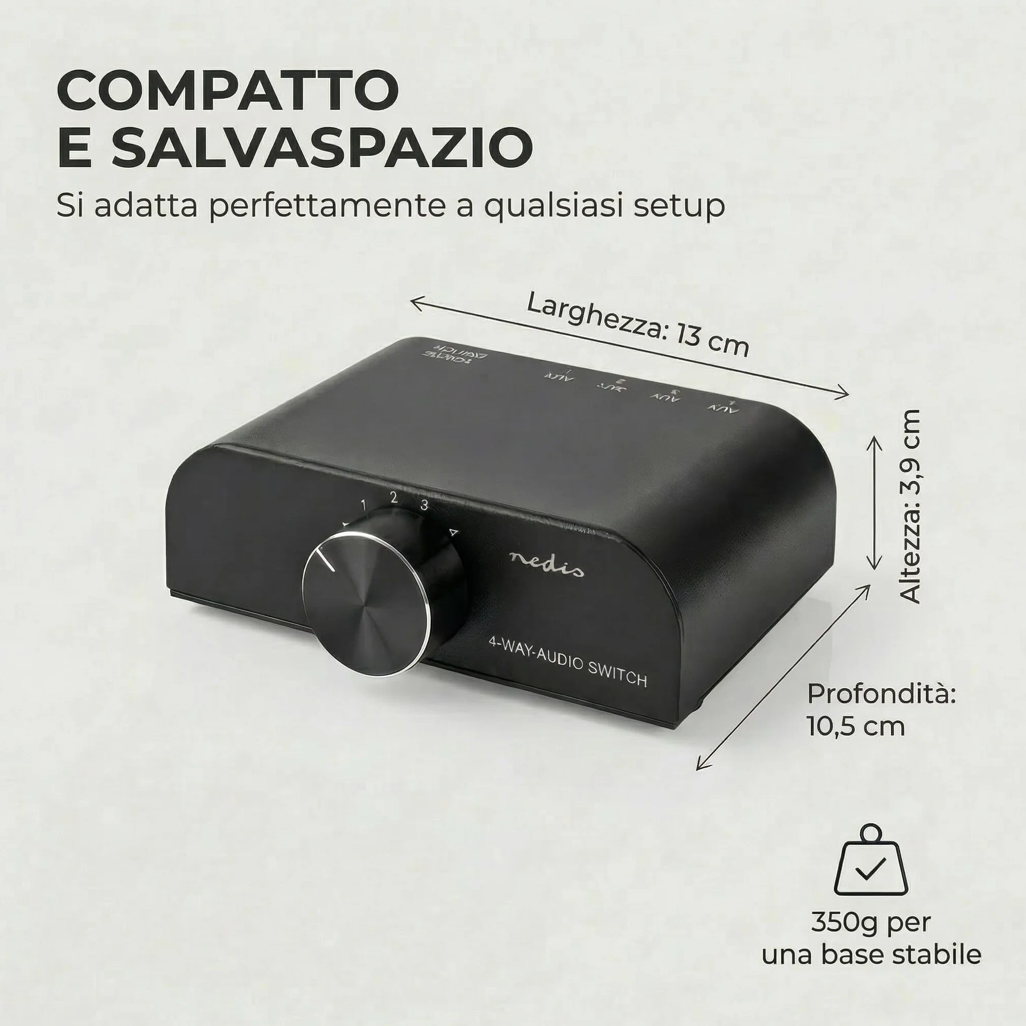 Nedis Interruttore audio analogico | 4 porte porte (s) | Connettori – Ingresso: 1 ingresso audio da 3,5 mm / 3 x (2 x RCA femmina) | Connettori – Uscita: 1 x (2 x RCA femmina) | Manuale | Metallo |