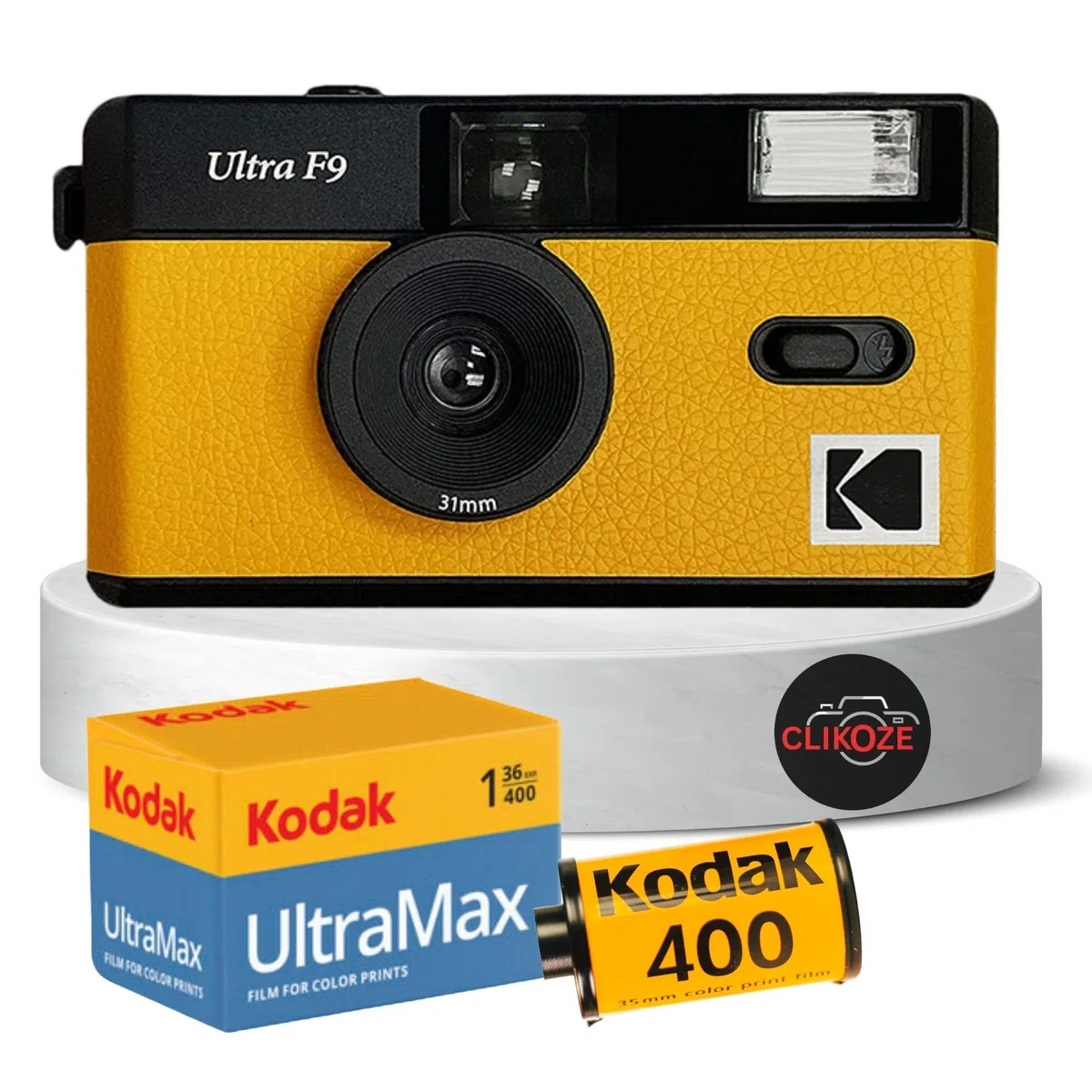 La confezione include una fotocamera a pellicola Kodak Ultra F9 gialla, una pellicola Kodak Ultramax da 35 mm, 36 esposizioni e una scheda di suggerimenti per la fotografia con pellicola Clikoze