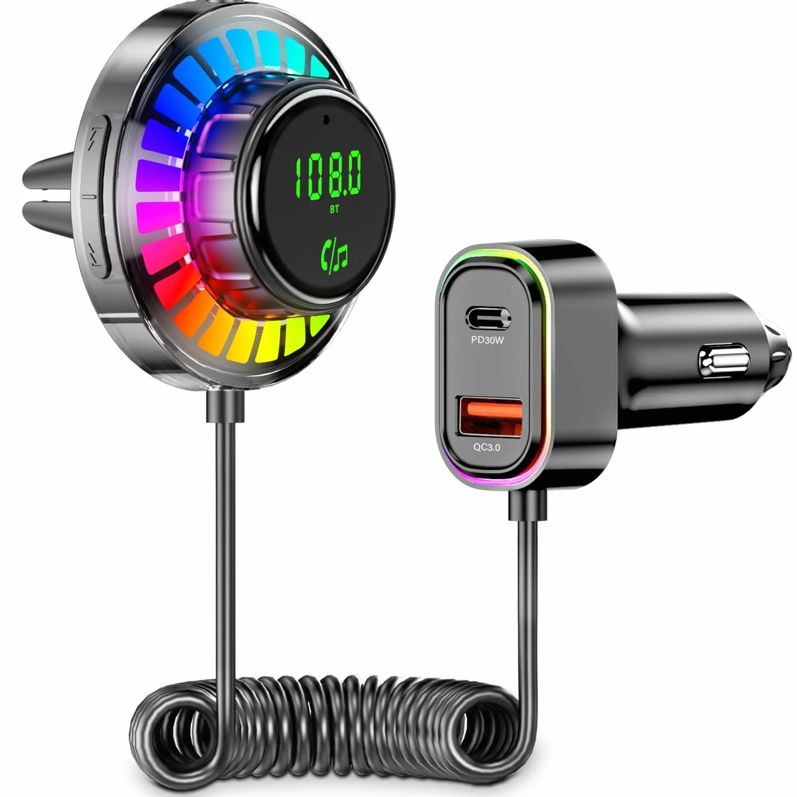 Adattatore Bluetooth Auto FM Transmitter con Luce RGB - Vivavoce Bluetooth 5.3, Caricabatterie PD30W USB-C & QC3.0, Adattatore Bluetooth per Auto per iPhone Android Autoradio OHFAMO