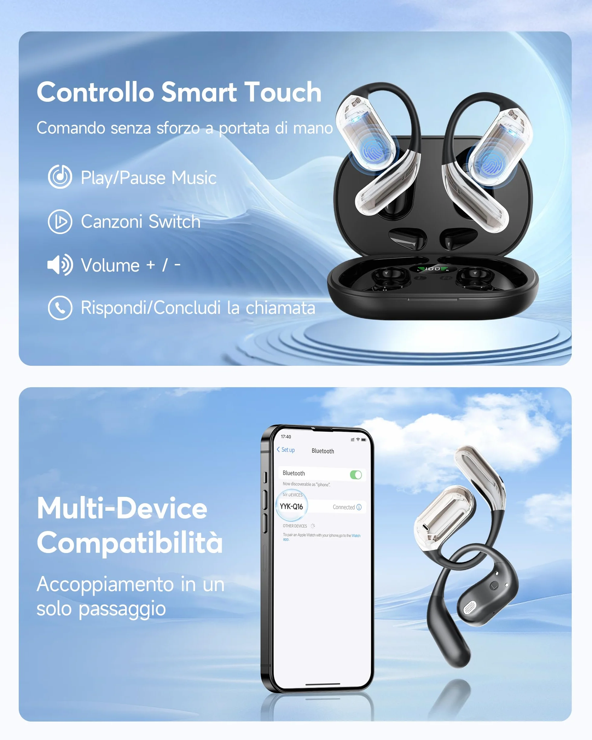 Cuffie Bluetooth Auricolari Bluetooth 5.4, Sport Cuffiette Wireless, Cuffie Open Ear 48 Ore di Riproduzione, Cuffie Senza Filo HiFi Stereo IP7 Impermeabili, Auricolare Bluetooth per iOS & Android