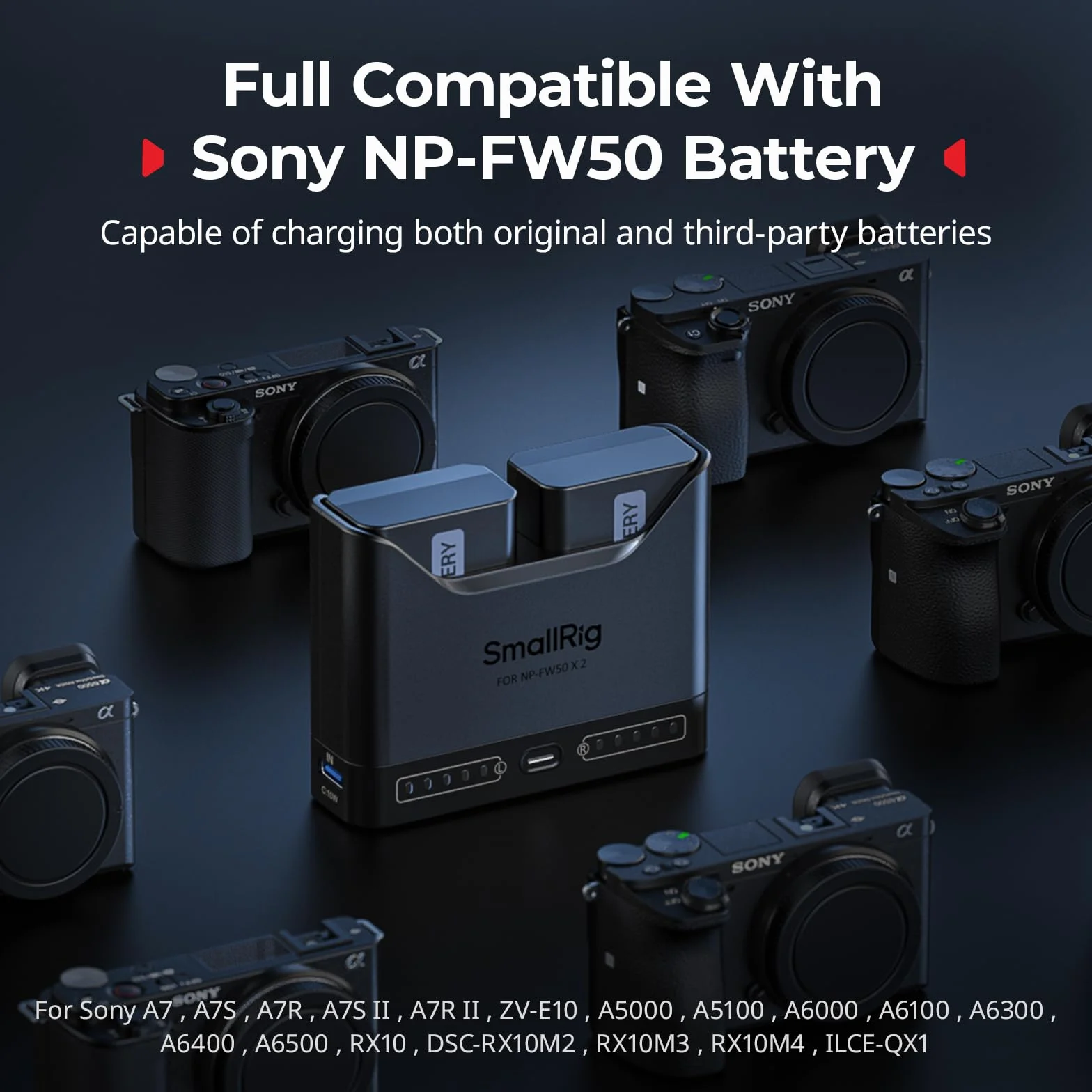 SMALLRIG Caricabatterie NP-FW50 per Sony, caricabatteria doppio slot da 2 ore con porta USB-C da 11 W, per Sony A6000 A6100 A6300 A6400 ZV-E10 A7 A7S A7R A7SII A7RII A5000 A5100 ILCE-QX1-5493
