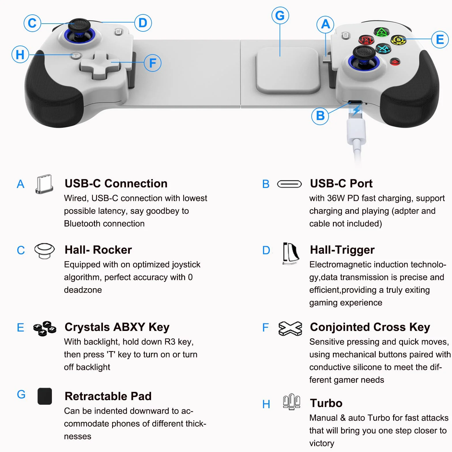 Controller da gioco mobile USB-C per iPhone 15 / iPhone 16 Series e Android, Gamepad per gioco remoto PS per PS5/PS4/Xbox/PC, Cloud Gaming, Joystick Hall/Grilletti Hall, COD, PUBG (Bianco)