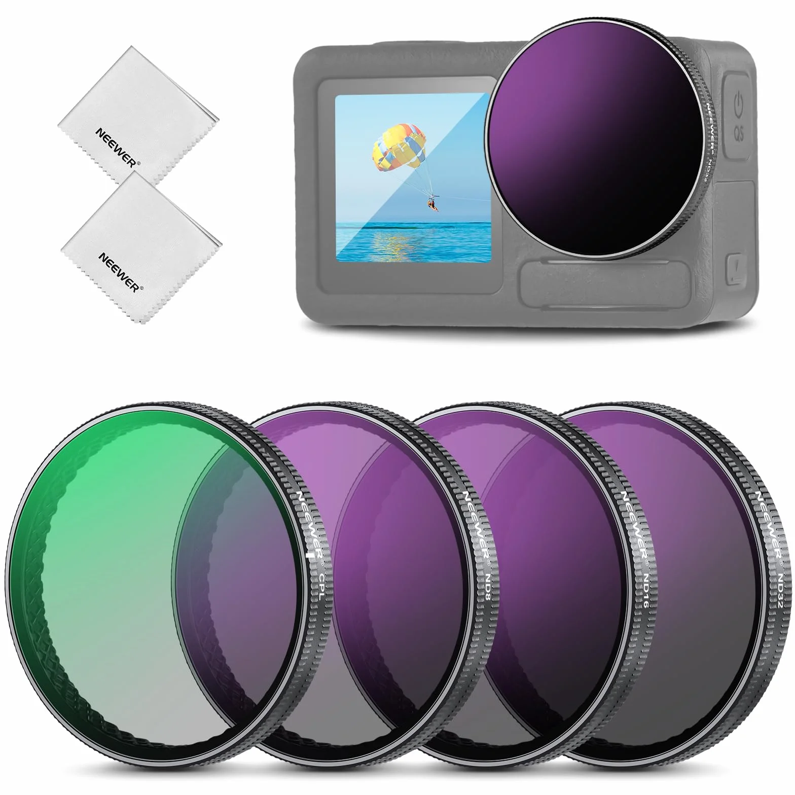 NEEWER Set di Filtro ND Compatibile con DJI Osmo Action 5 Pro/4/3, 4 Pezzi, Filtri ND8/ND16/ND32/CPL in Vetro Ottico HD Multistrato a Scatto, Accessori per Obiettivi Action Camera con 2x Panni Pulizia