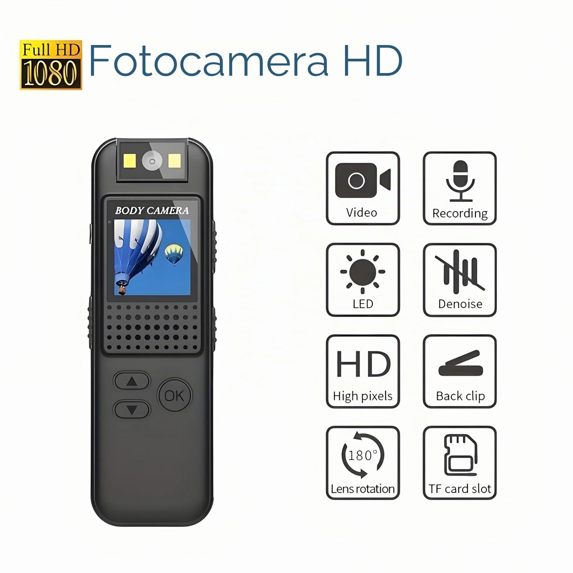 Mini fotocamera portatile da 1080P, con clip magnetica, obiettivo girevole a 180°, 128 GB fino a 7 ore, registrazione e luce LED per riunioni e bici all'aperto