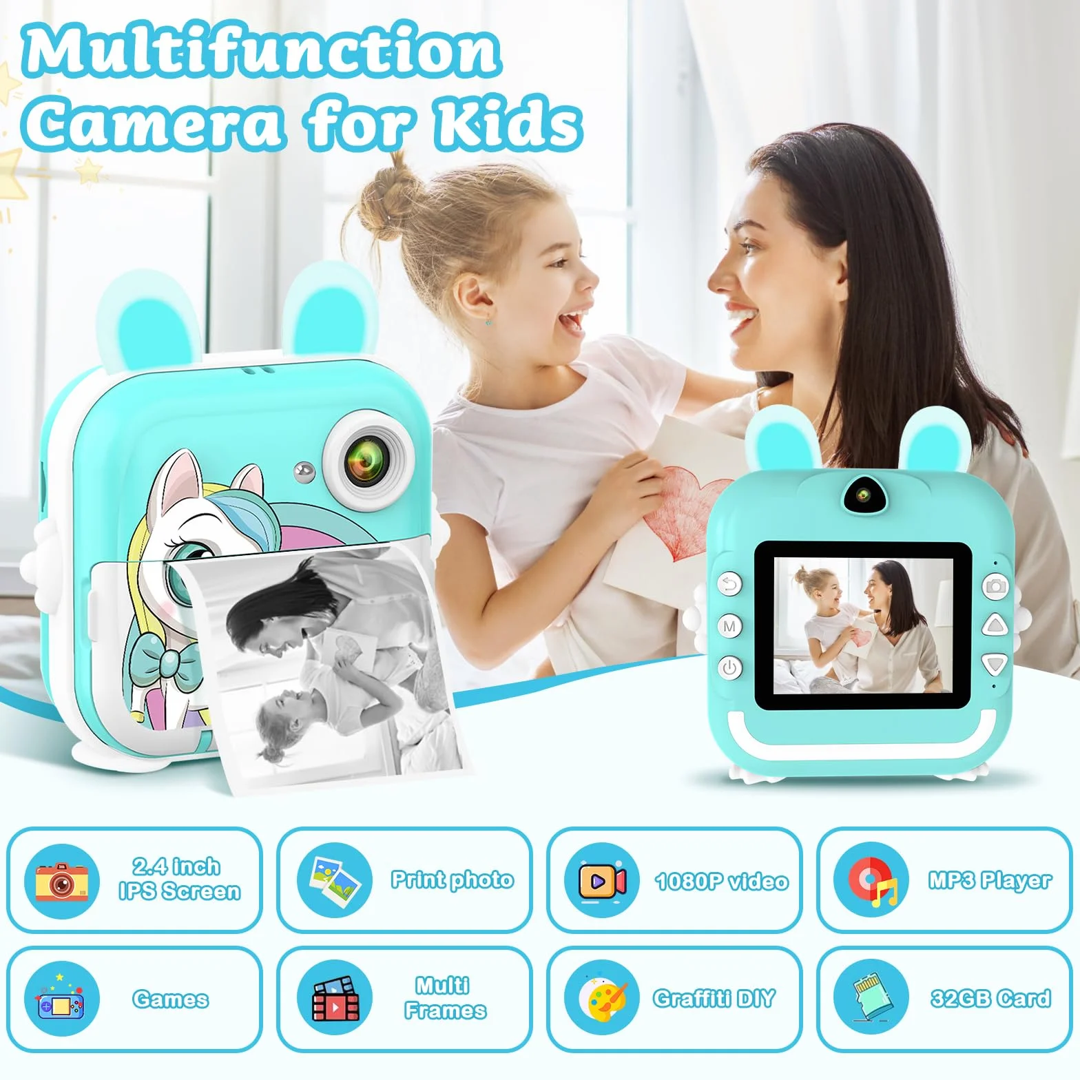 Macchina Fotografica Bambini Istantanea, 2,4 Pollici 1080P Digitale Fotocamera Bambini con Carta Fotografica Stampa e 32GB Schedaper Giocattolo Regalo di Natale Bambino e Bambina 4-12 Anni