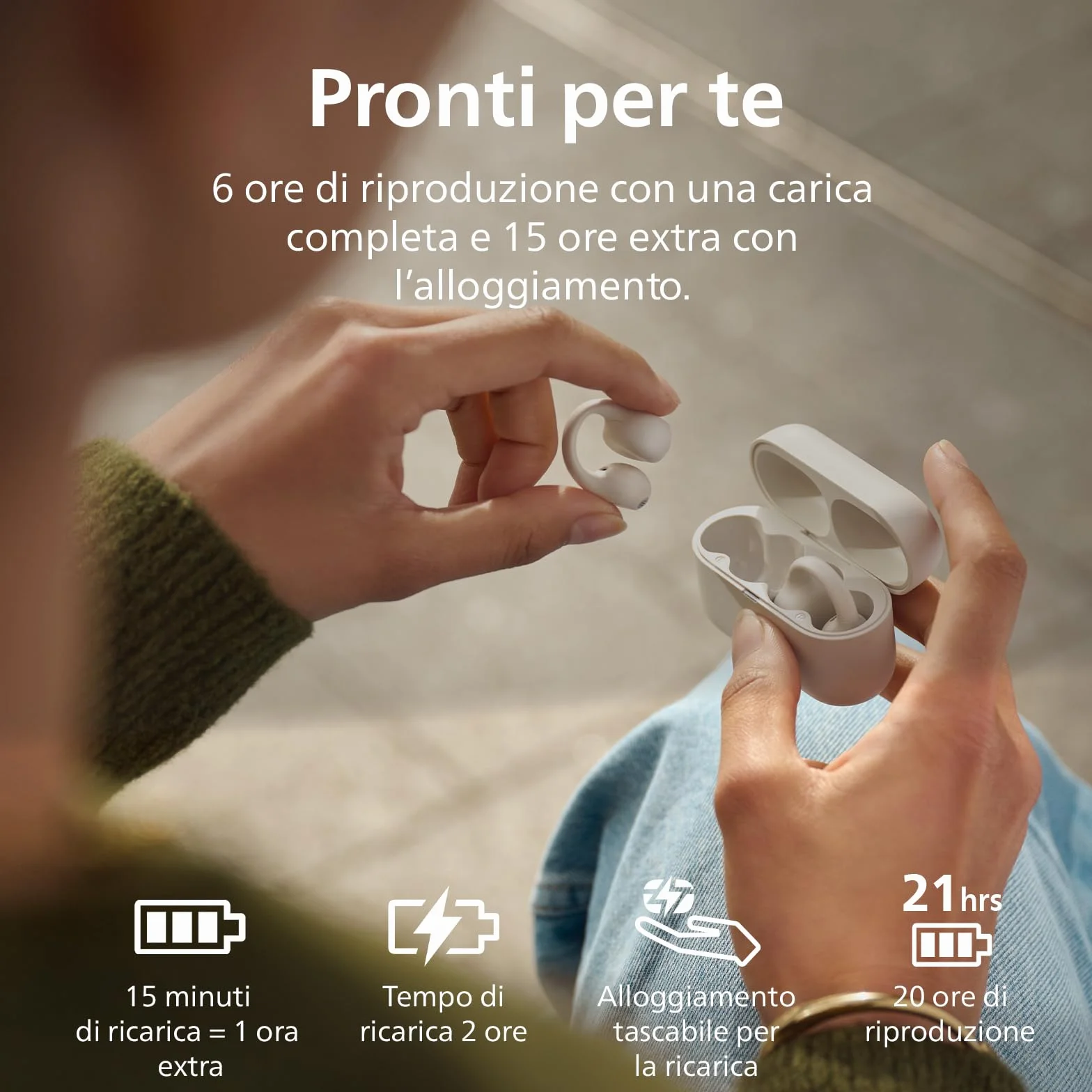 Philips TAQ2000WT auricolari ear-cuff True Wireless open-ear Multipoint Bluetooth - 28 ore di riproduzione, Ricarica tascabile, Chiamate chiare per spostamenti ed allenamento - Bianco
