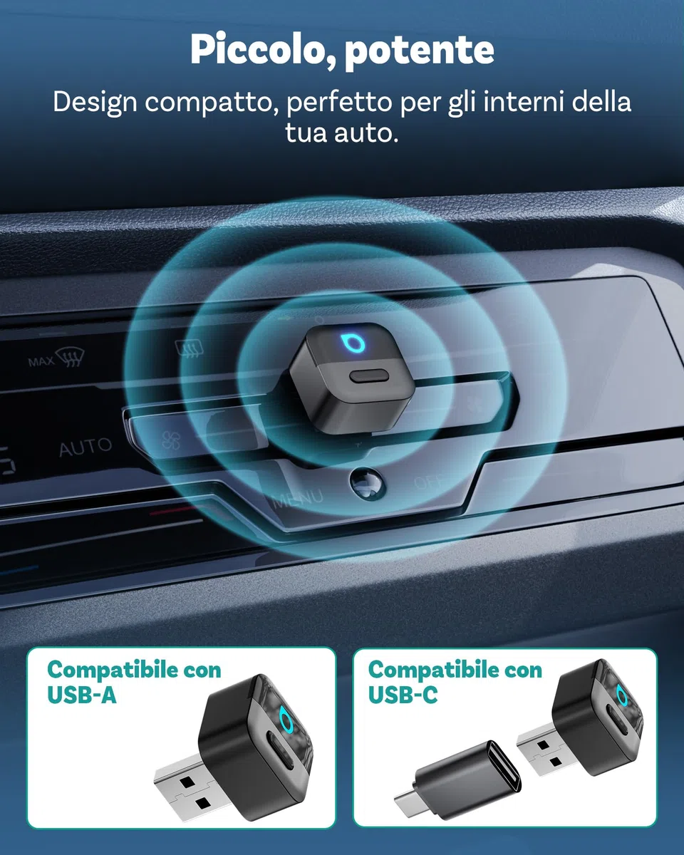 OTTOCAST Mini Pico Adattatore Wireless CarPlay e Android Auto, Trasforma CarPlay cablato in wireless, Passaggio con un tocco tra 2 telefoni, Riconnessione automatica rapida, WiFi 6, Bluetooth 5.4