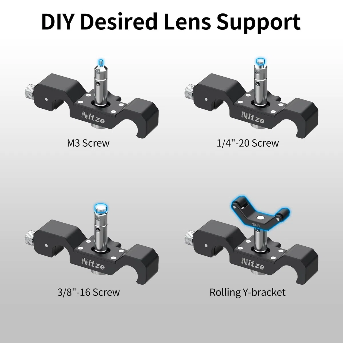 Nitze Lens Support, Supporto per Obiettivo da 15mm con Staffa a Y Scorrevole, Prolunga da 1/4" e Tappi da 1/4", 3/8" e M3, Compatibile con Obiettivi Lunghi e Pesanti - N04B
