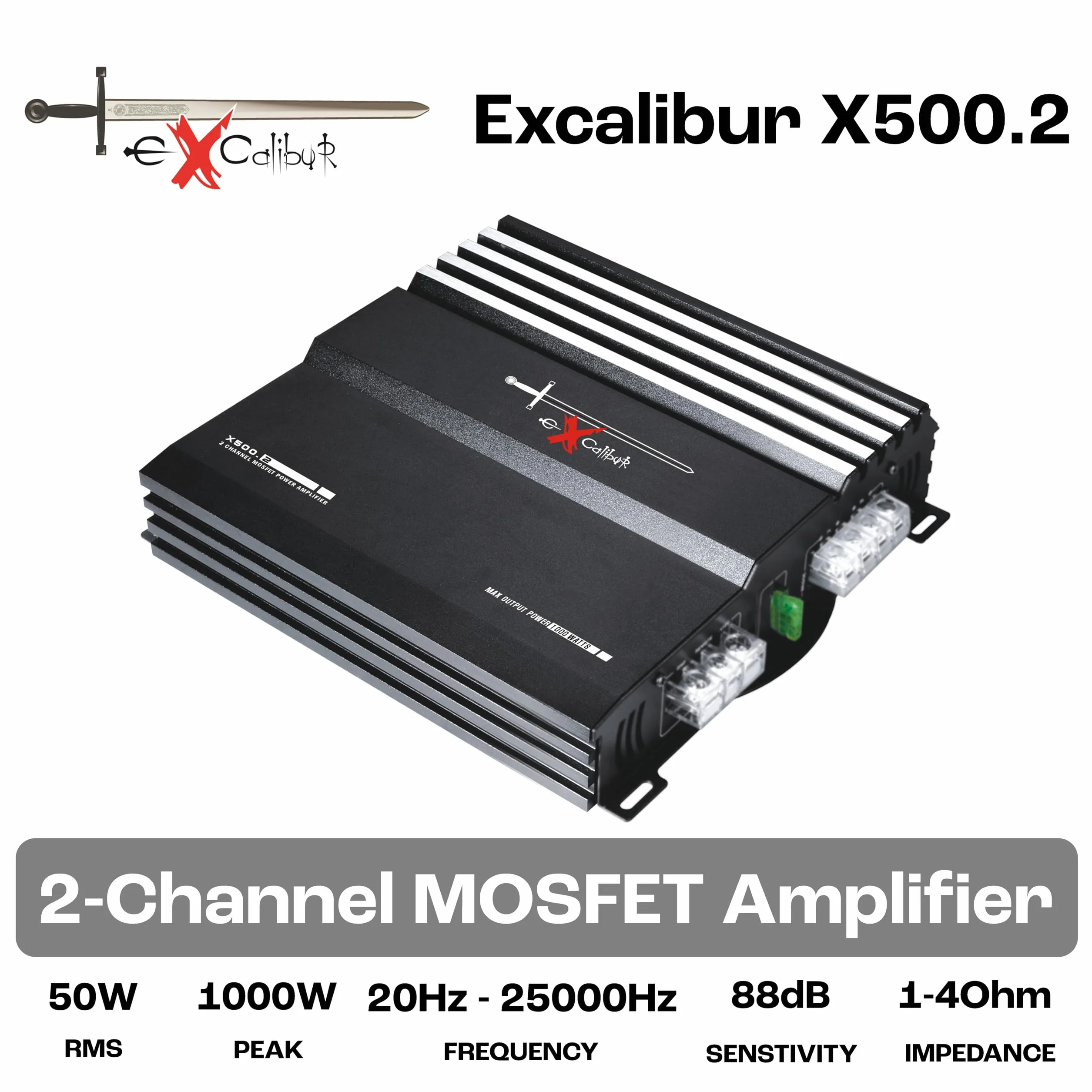 Excalibur X500.2 - Amplificatore Auto 2 Canali Hifi Stereo - 2x 500 Watt Mosfet Amplificatore audio con Bass Boost - 1000 Watt Massimo - Crossover variabile 2 Ohm