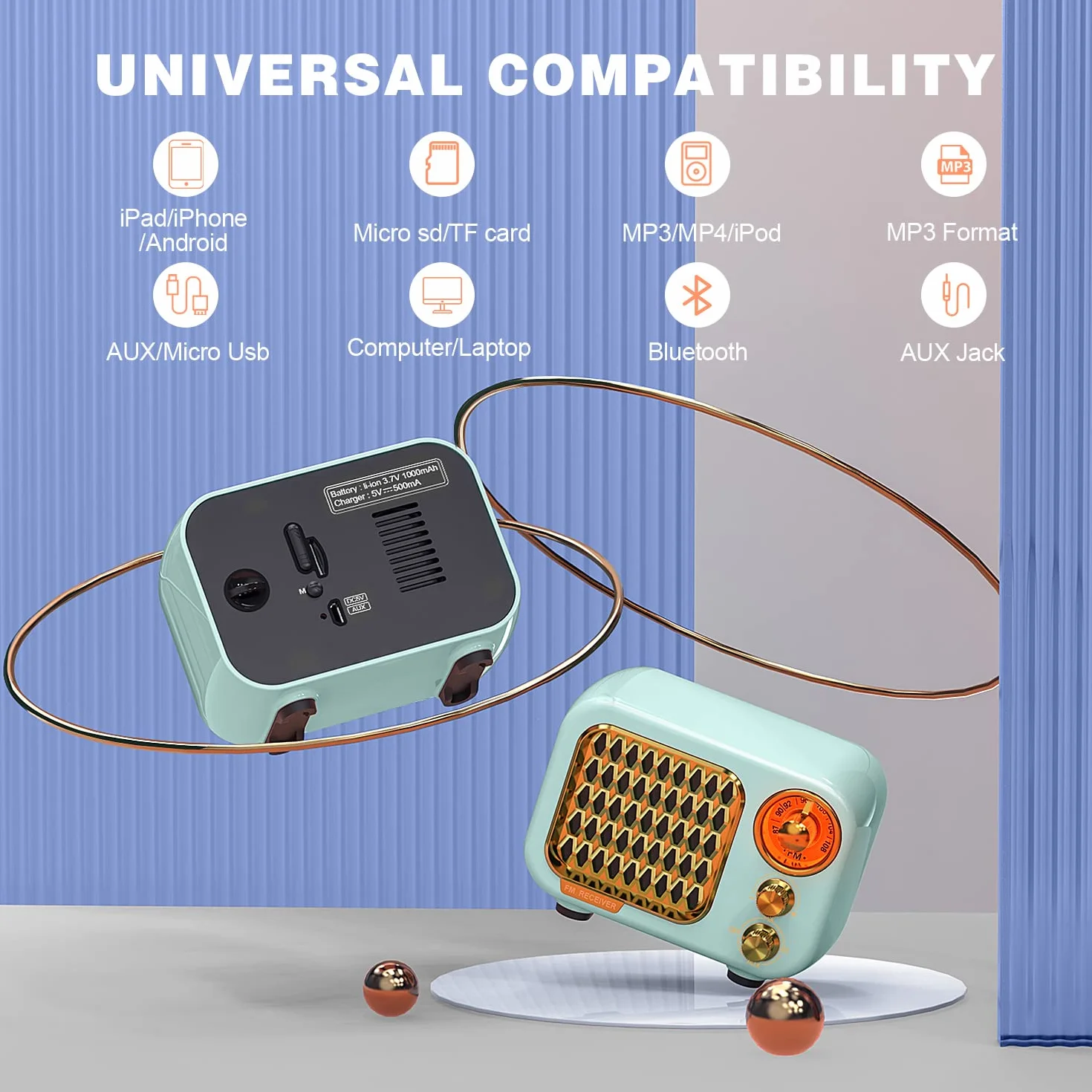 Tendak Radio Portatile FM Bluetooth 5.1 Retro, Altoparlante Hi-Fi, Batteria 1000 mAh, Supporto TF/AUX/USB