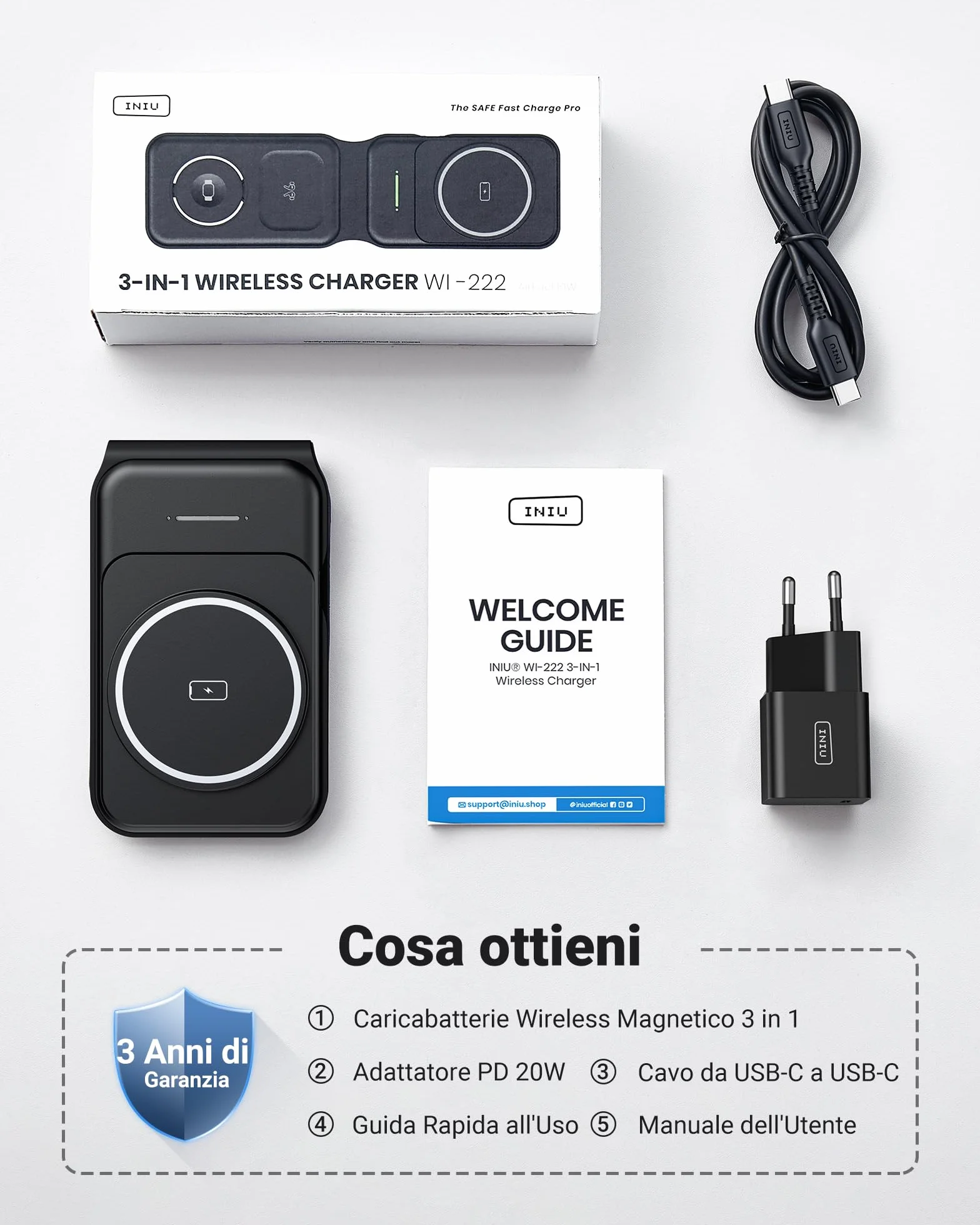 INIU Caricatore Wireless iPhone, Magnetic 3 in 1 Base Ricarica Certificato Qi, Da viaggio Caricabatterie Wireless Universale per iPhone 16 15 14 13 12 Apple Watch 8 7 Ultra AirPods 4 3 Pro ecc.