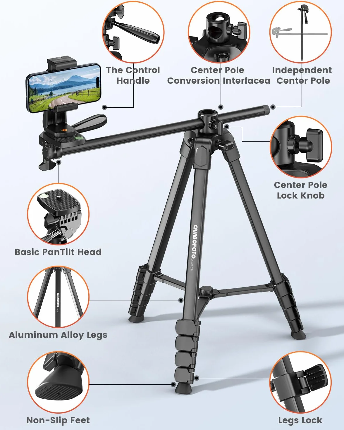 CAMBOFOTO Treppiede orizzontale 185 cm per iPhone/fotocamera, Treppiede overhead per smartphone flessibile, Supporto per telefono per riprese video/Borsa da trasporto