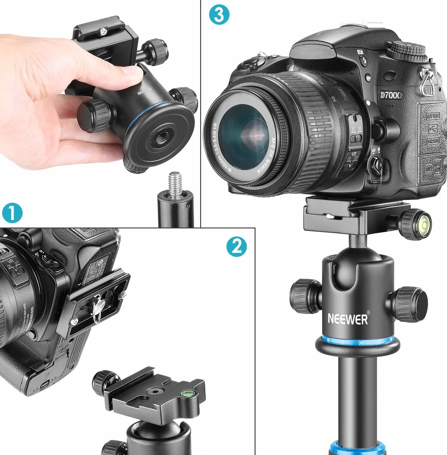 NEEWER Testa a Sfera per Treppiede 36MM Panoramica a 360° Piastra a Sgancio Rapido Arca, Vite 1/4" Filettato 3/8", Carico Massimo 17,6 lb/8 kg, per Monopiede, Fotocamera DSLR, Videocamera (Blu)