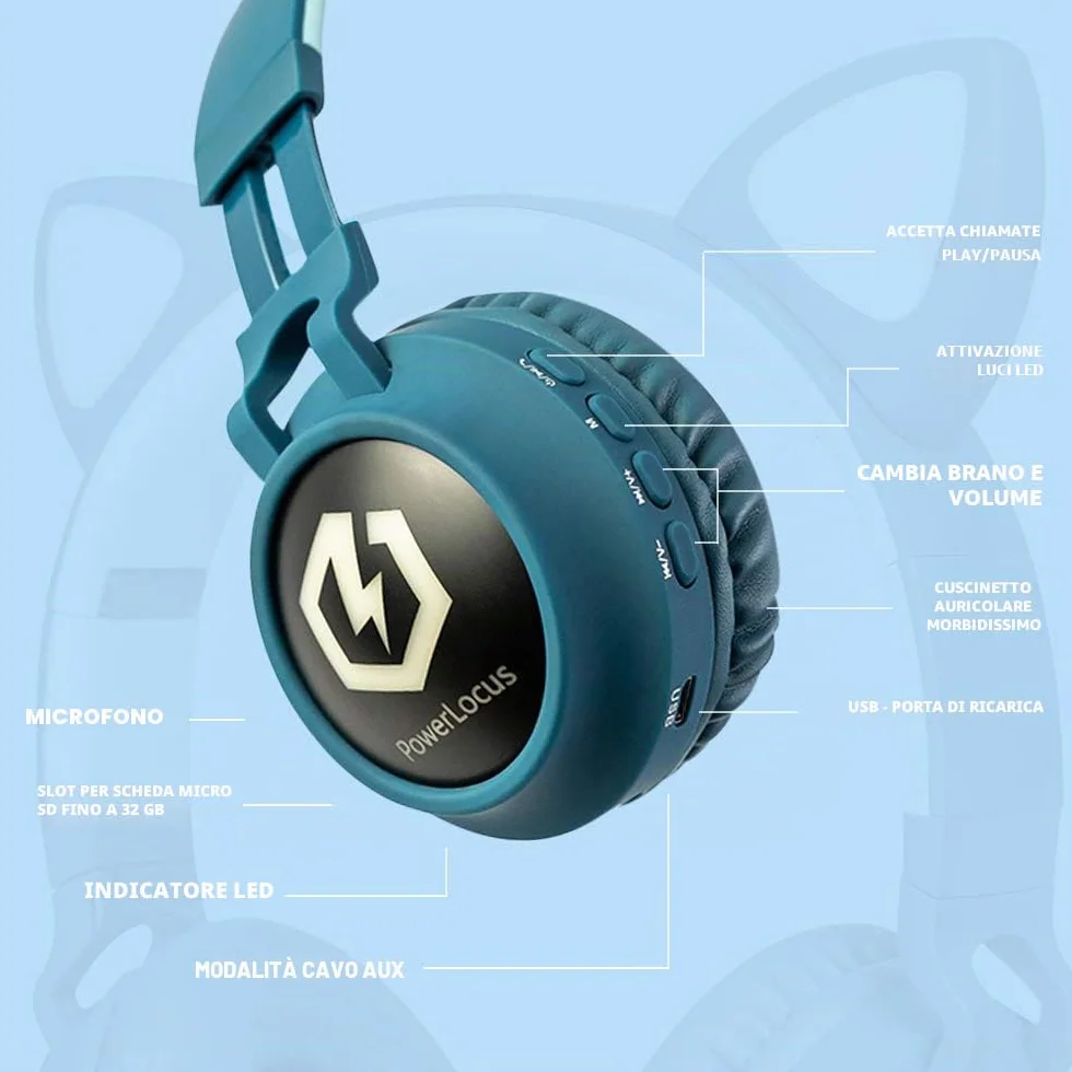 PowerLocus Cuffie Bluetooth per Bambini, Cuffie Over-Ear Senza-Fili per Bambini, Limitatore audio a 85 dB, con LED, Pieghevole, Con Microfono, Micro SD, Sacchetto da Trasporto per Viaggio/Telefono/PC