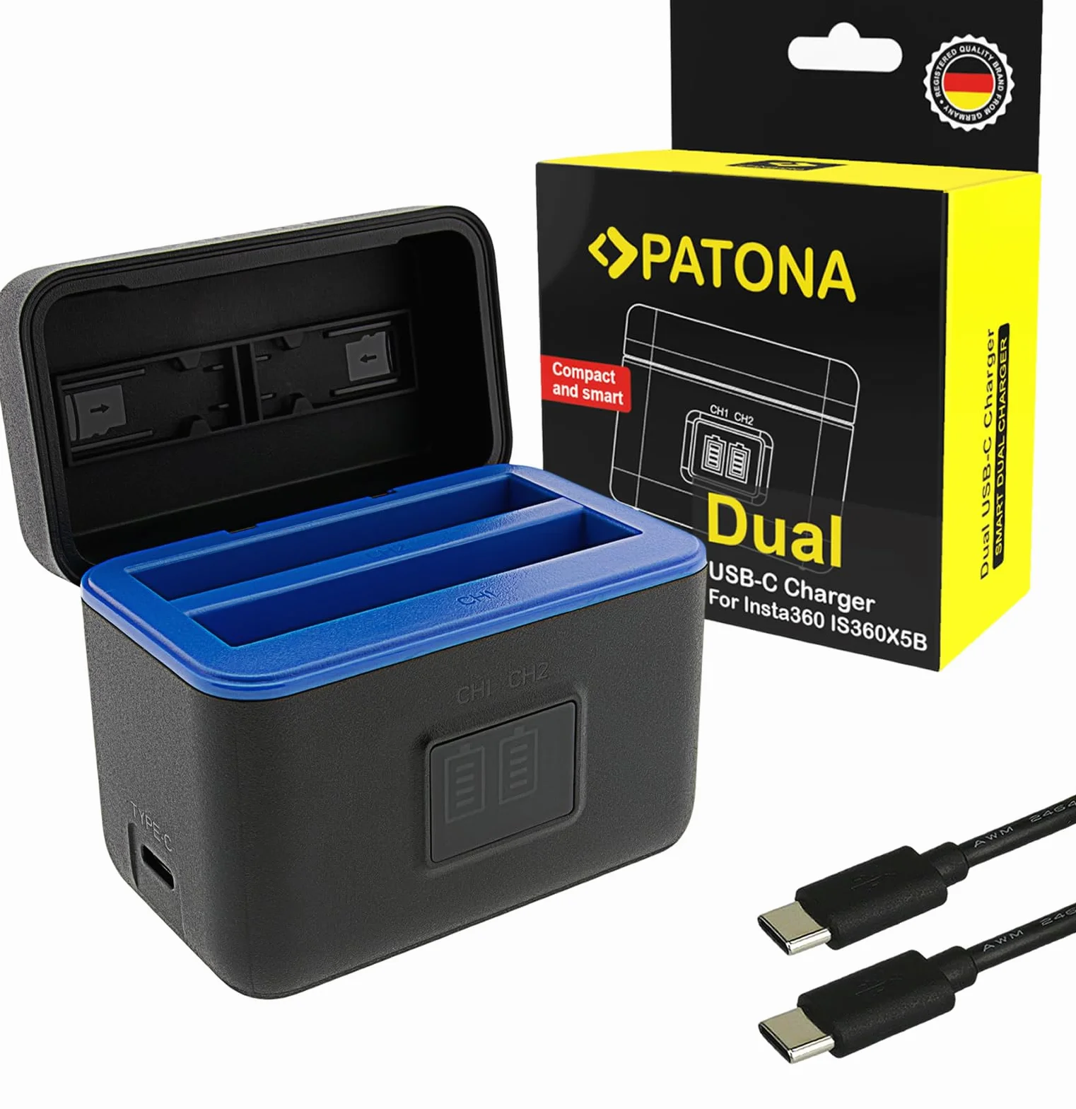 PATONA Caricabatterie doppio per Insta360 X5 batteria CINSBAHA – USB-C Scatola portaoggetti per 2 batterie e microSD, ingresso 5V 3A, cavo USB-C compatibile con action cam, compatto e leggero