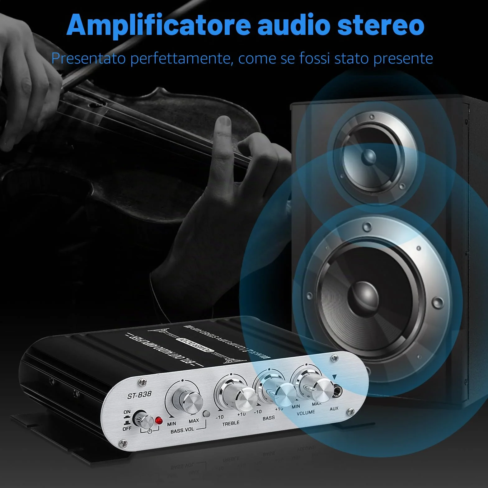 Amplificatore audio HiFi, amplificatore stereo 2.1 CH, RMS 20 Wx2+40 W ST-838 con uscita subwoofer, classe D mini amplificatore digitale con AUX per casa, altoparlante auto, nero (con adattatore di