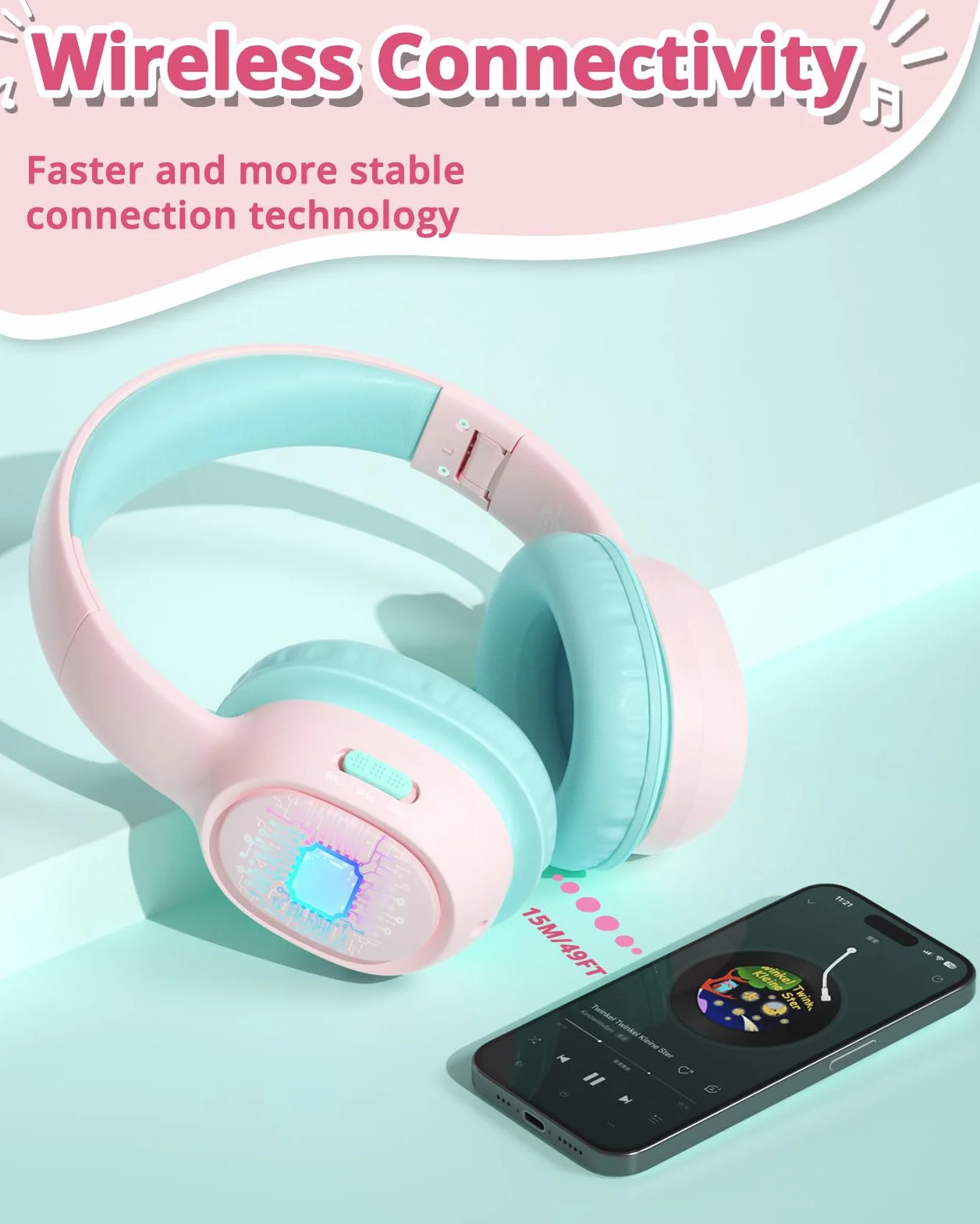 Tronsmart KH02 Cuffie Bluetooth 5.3 per bambini, Limite volume 74/85/93 dB, 45 Ore di Riproduzione, Cavo Audio integrato, Cuffie Wireless Pieghevoli con Microfono per Scuola, Viaggio, Aereo - Rosa