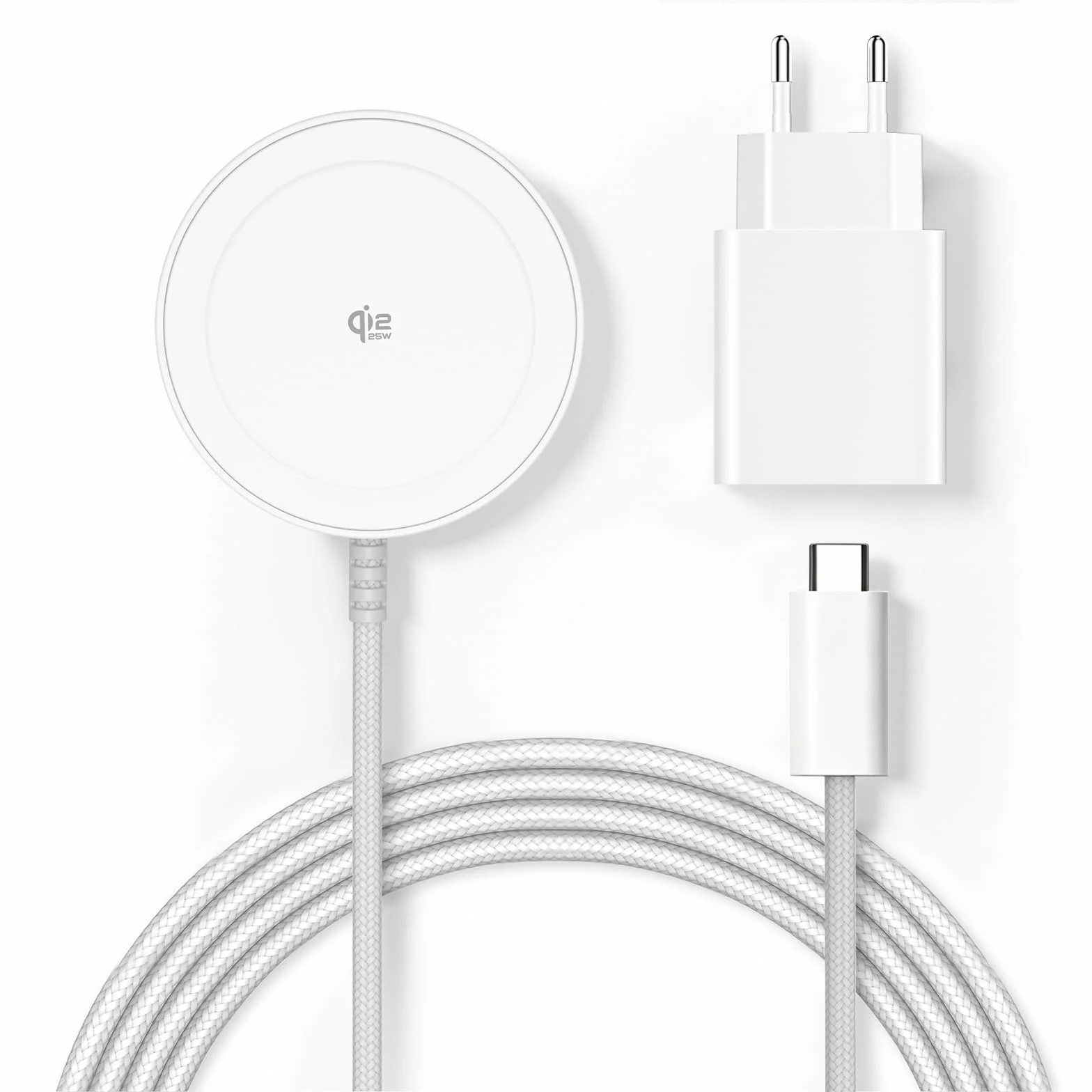 Caricatore wireless magnetico Qi2 25 W, pad con cavo 1,5 m compatibile con Mag-Safe per iPhone 17e/Air/17/16/15/14/13/12, Air-Pods 4/3/2/Pro, serie Pixel 10 e altro, adattatore 30 W - Bianco