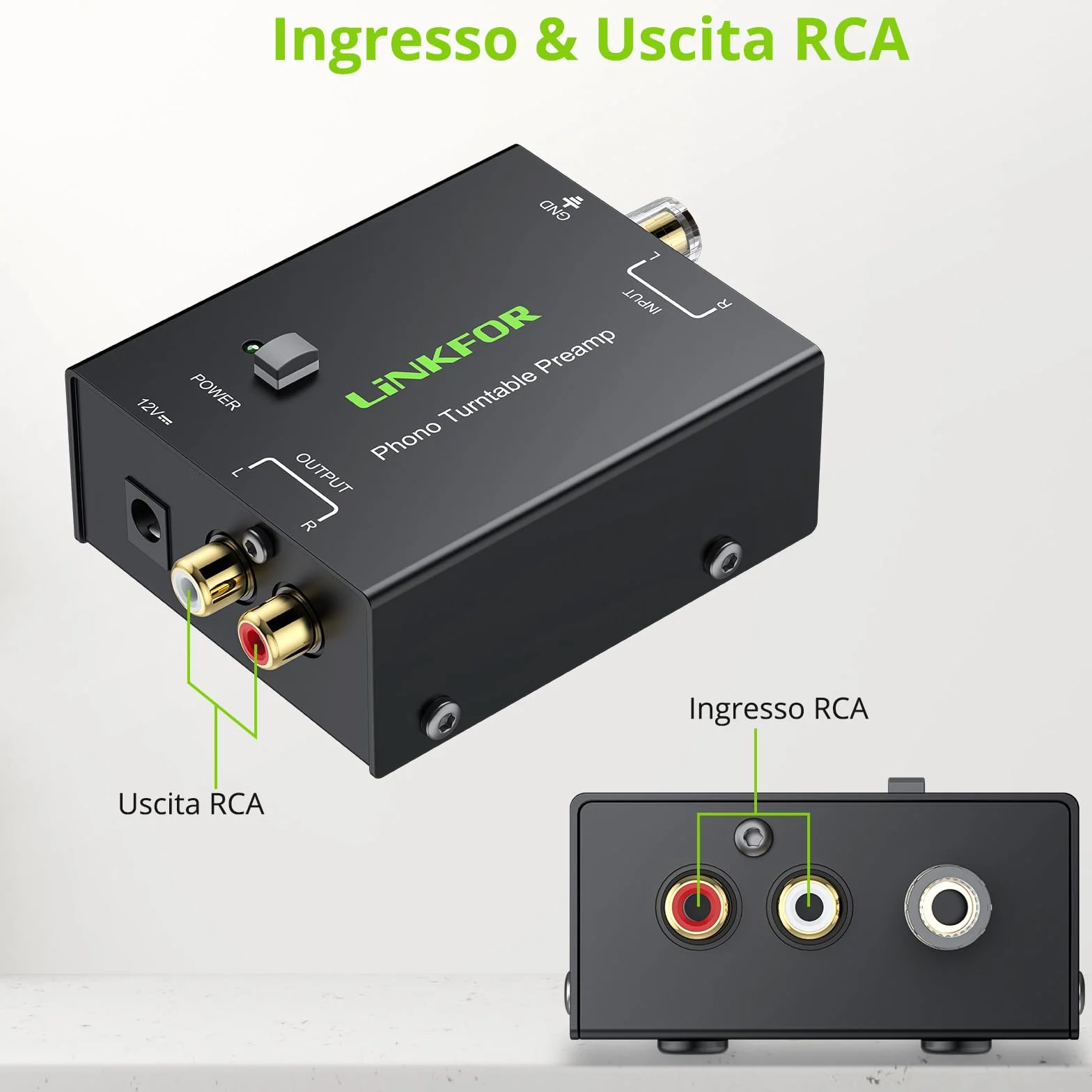LiNKFOR PP900 Preamplificatore Fono Giradischi RCA Ingresso Uscita 12V 1A Mini Audio Stereo Metallo Basso Rumore