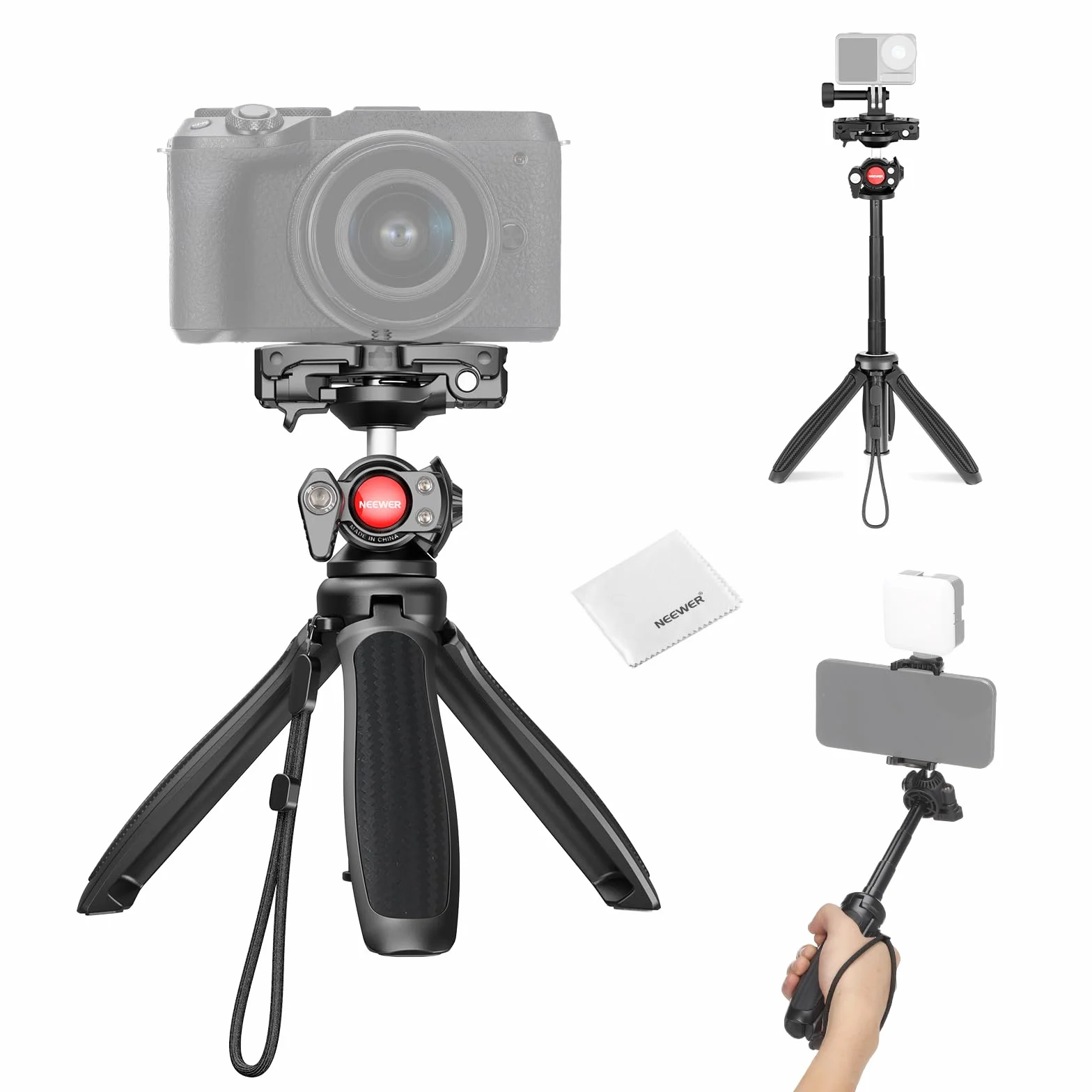 NEEWER TP38 Treppiede Fotocamera Smartphone Selfie Stick con Porta Cellulare Adattatore Action Cam Compatibile con iPhone GoPro, Mini Tripod Supporto Viaggio con Panno Pulizia per Vlog Riprese Video
