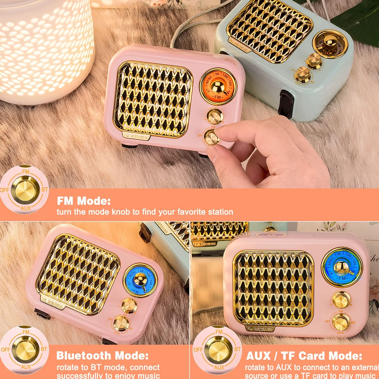 Tendak Radio Vintage FM Portatile Bluetooth 5.1 Retro Altoparlante Hi-Fi Batteria Ricaricabile 1000 mAh TF Card AUX USB MP3
