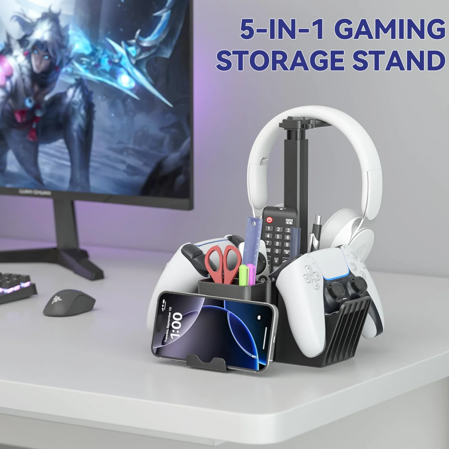 KDD Supporto per Controller Doppio, Porta Cuffie da Scrivania Universale con Supporto Telefono, Porta Controller Multifunzionale, Organizer Da Scrivania per Penna Telecomando Xbox ONE PS4 PS5 PC Nero