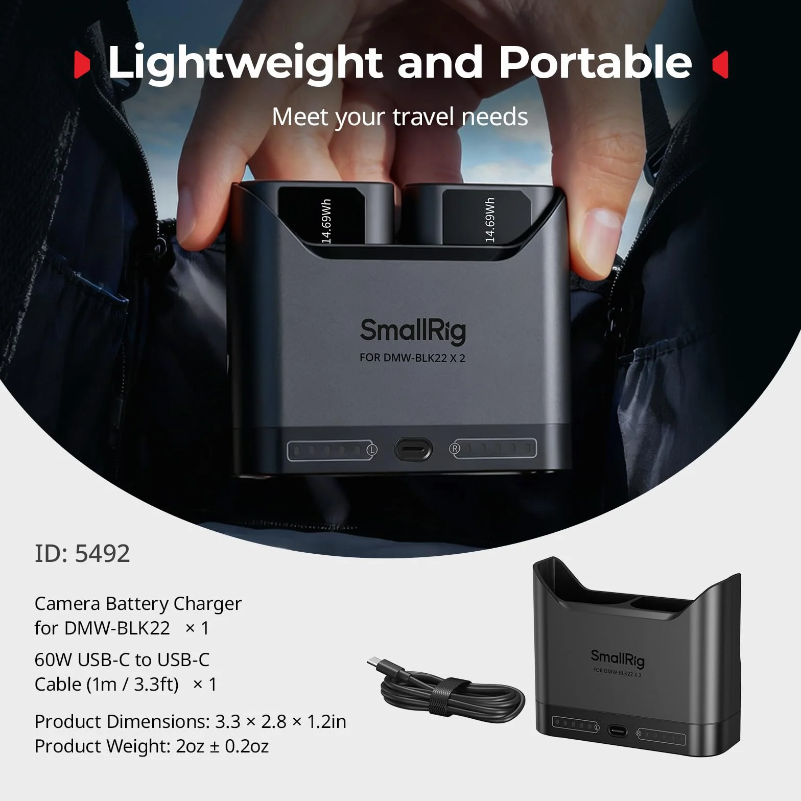 SMALLRIG DMW-BLK22 Caricabatterie per Panasonic, Caricabatterie per fotocamera a doppio slot da 2 ore con porta di USB-C, per Panasonic Lumix GH5, GH5 II, GH6, GH7, S5, S5 II, S5 IIX, S9, G9 II, -5492