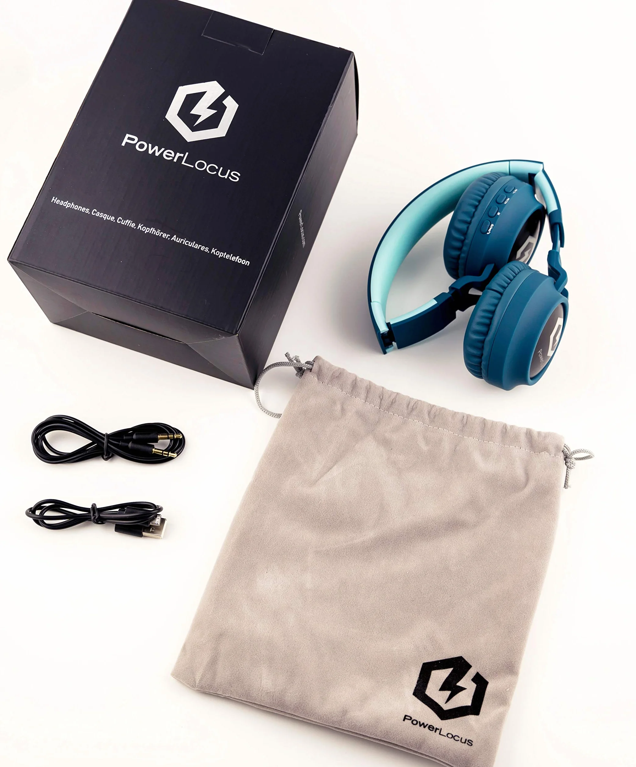 PowerLocus Cuffie Bluetooth per Bambini, Cuffie Over-Ear Senza-Fili per Bambini, Limitatore audio a 85 dB, con LED, Pieghevole, Con Microfono, Micro SD, Sacchetto da Trasporto per Viaggio/Telefono/PC