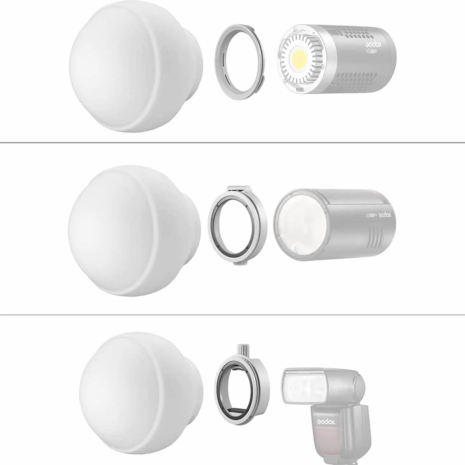 Godox ML-CD15 Diffusore Dome con 3 Adattatori per Godox V1 V1Pro AD100PRO AD200PRO V860III V850II TT685II TT600 AD200 ML30 ML30Bi ML60 ML60Bi AD300PRO AD400PRO