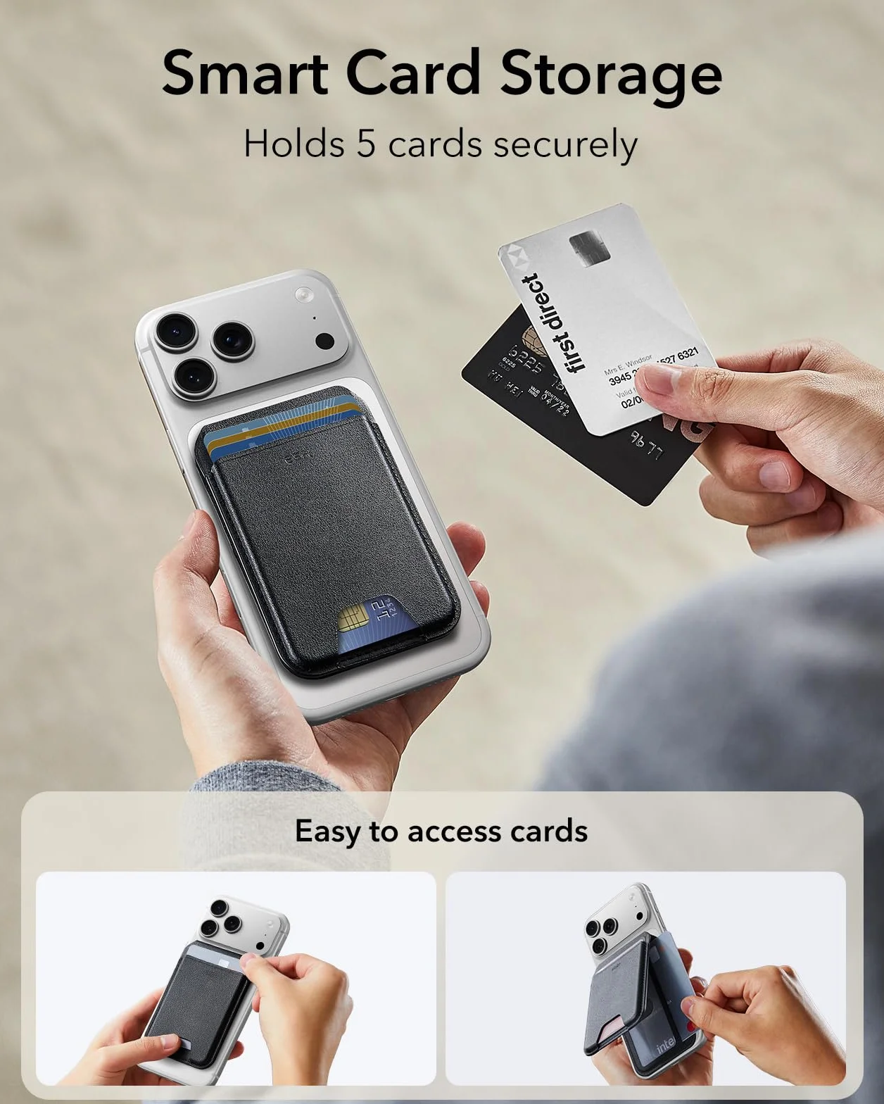 ESR Portafoglio con MagSafe, RFID Blocco, Supporto per 5 Carte, Pelle Vegana, Supporto Regolabile, Wallet per iPhone Serie 17e/17/16/15/14/13/12 e Alcuni Dispositivi Samsung, Non per 13/12 Mini,Nero