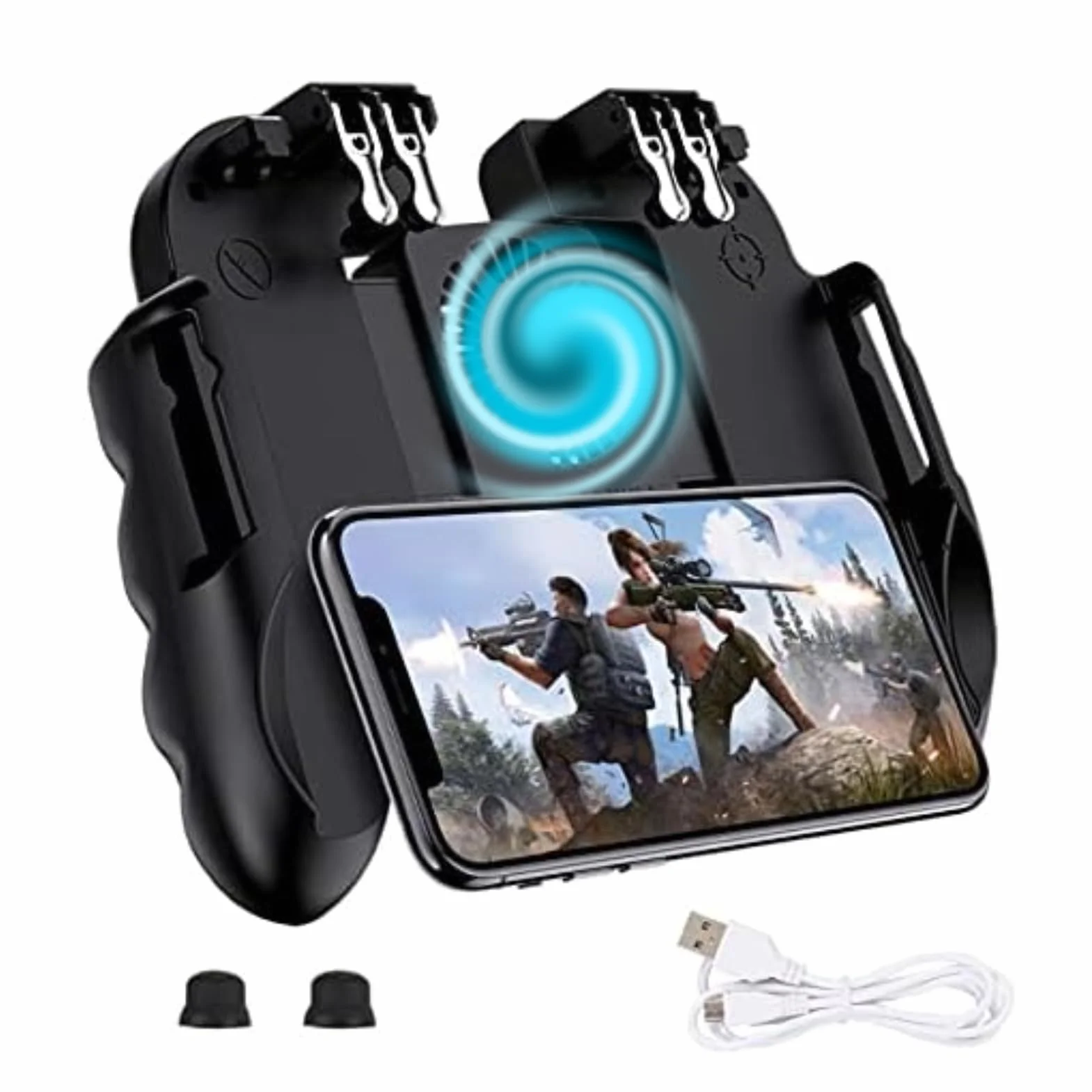 Ouitble Mobile Controller con Fan Ventola Raffreddamento 6 Finger Gamepad Joystick Smartphone Trigger per Smartphone da 4,7 a 6,5 ​​Pollici