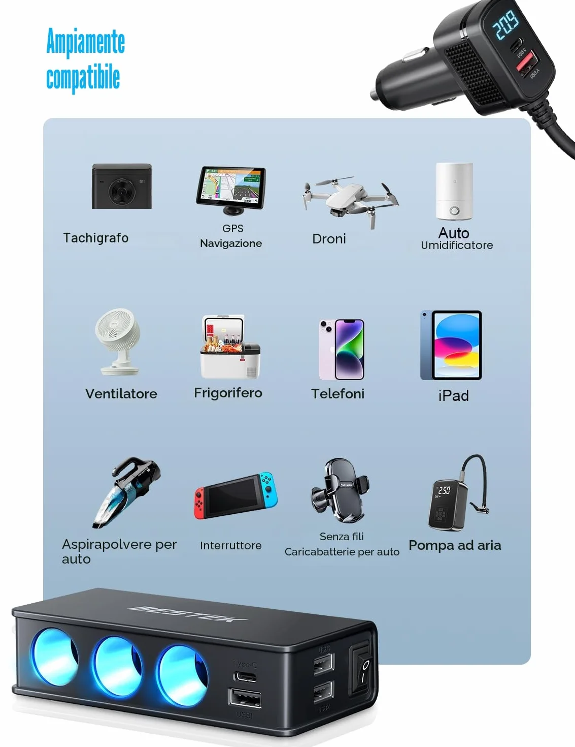 BESTEK Caricatore Auto USB-C PD USB QC3.0 Caricabatterie da Auto 148W, 9 in 1 Adattatore per Accendisigari 12V/24V con 3 Prese & 6 Porte con Display LED per iPhone Dash Cam