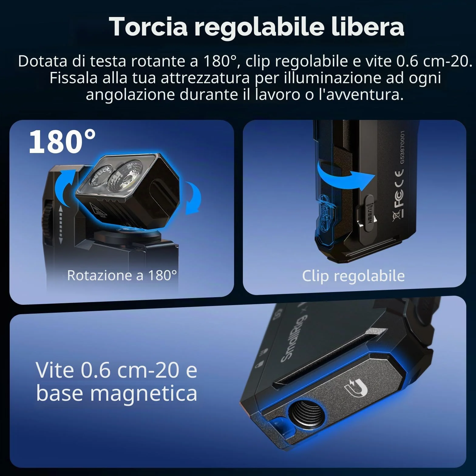 SMALLRIG Mini torcia EDC ricaricabile, luce LED magnetica da 400 lumen, formato tascabile, impermeabile IP65, vite da 1/4"-20, diffusore, torcia portatile per campeggio, segnalazione - 5710