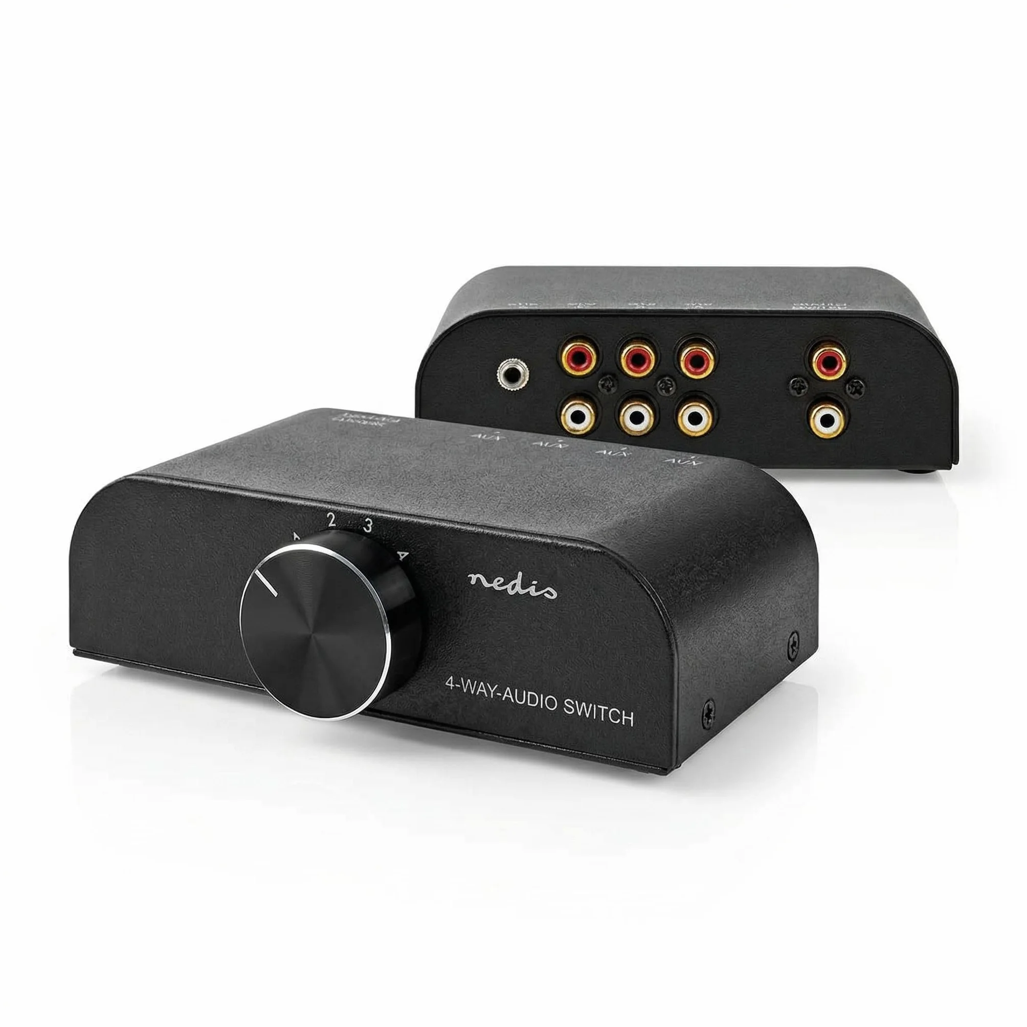 Nedis Interruttore audio analogico | 4 porte porte (s) | Connettori – Ingresso: 1 ingresso audio da 3,5 mm / 3 x (2 x RCA femmina) | Connettori – Uscita: 1 x (2 x RCA femmina) | Manuale | Metallo |
