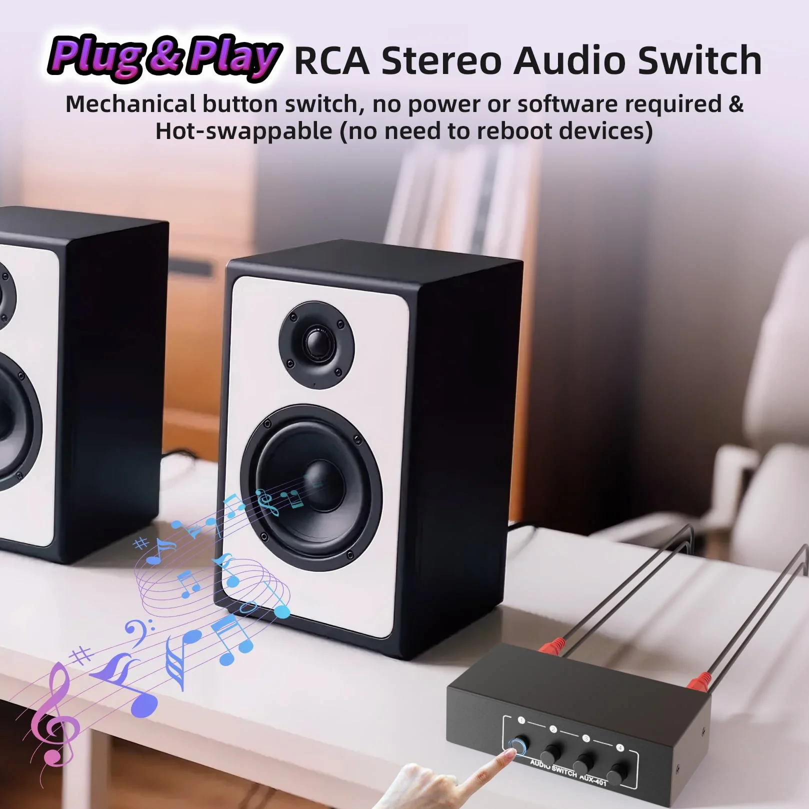 Interruttore audio AUX + RCA L/R da 3,5 mm, 4 in 1 uscita, bidirezionale, selettore audio stereo BolAAzuL 4 x 1 passivo a/b analogico, nessun bisogno di alimentazione