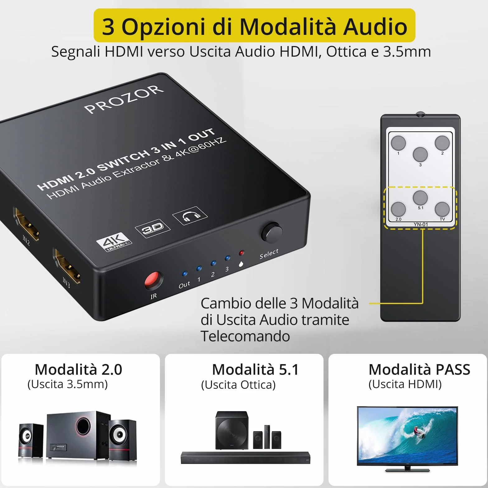 PROZOR HDMI Switch 3 Ingressi 1 Uscita con Estrattore Audio Uscita Analogico Ottico Toslink SPDIF 4K 3D HDMI Convertitore per Blu-ray DVD Player Satellite Box PS3 PS4 Apple TV PC HD Camera DVR