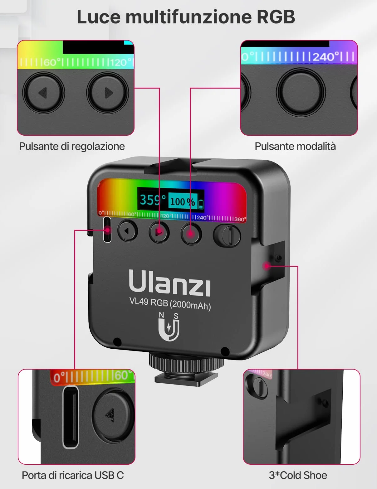 Luce Video RGB Led, ULANZI VL49 Faretto Led Dimmerabile 2500K-9500K Temperatura di Colore con Batteria Integrata, Luci Video illuminazione Pannello con LCD Display per Fotocamera Fotografia