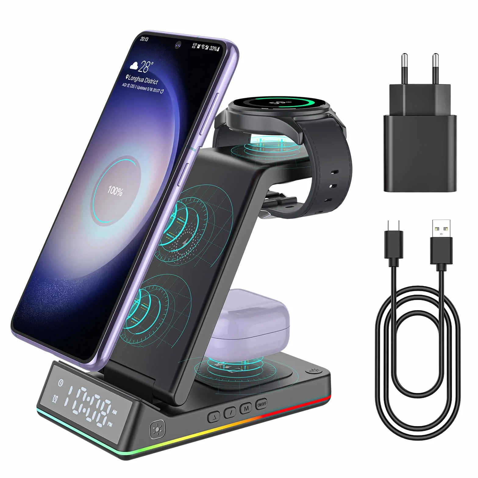 EVARY Caricatore Wireless 18W Rapida Wireless per Samsung S24 S23 S22 Ultra S21 S20 Galaxy Buds+ Pro,Wireless Charger für Galaxy Watch 5/5 Pro/4/3/Active 2/1