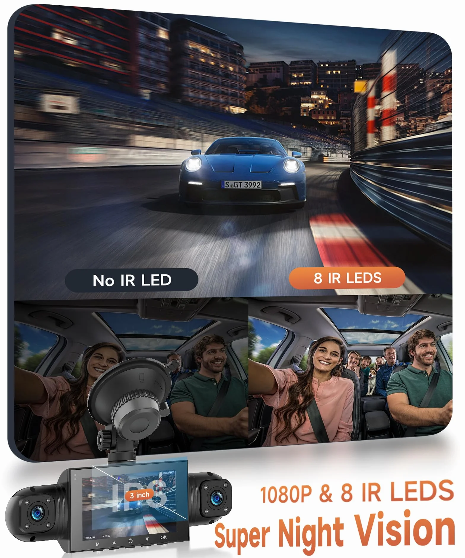 Rimoody 360° 4 Canali Dashcam Auto, 4 Telecamera HD 1080P Anteriore e Posteriore Sinistra Destra, 3 Pollici 1080P Dash Cam con 8 IR Visione Notturna/Loop video/24H Parcheggio Monitor/G-Sensore