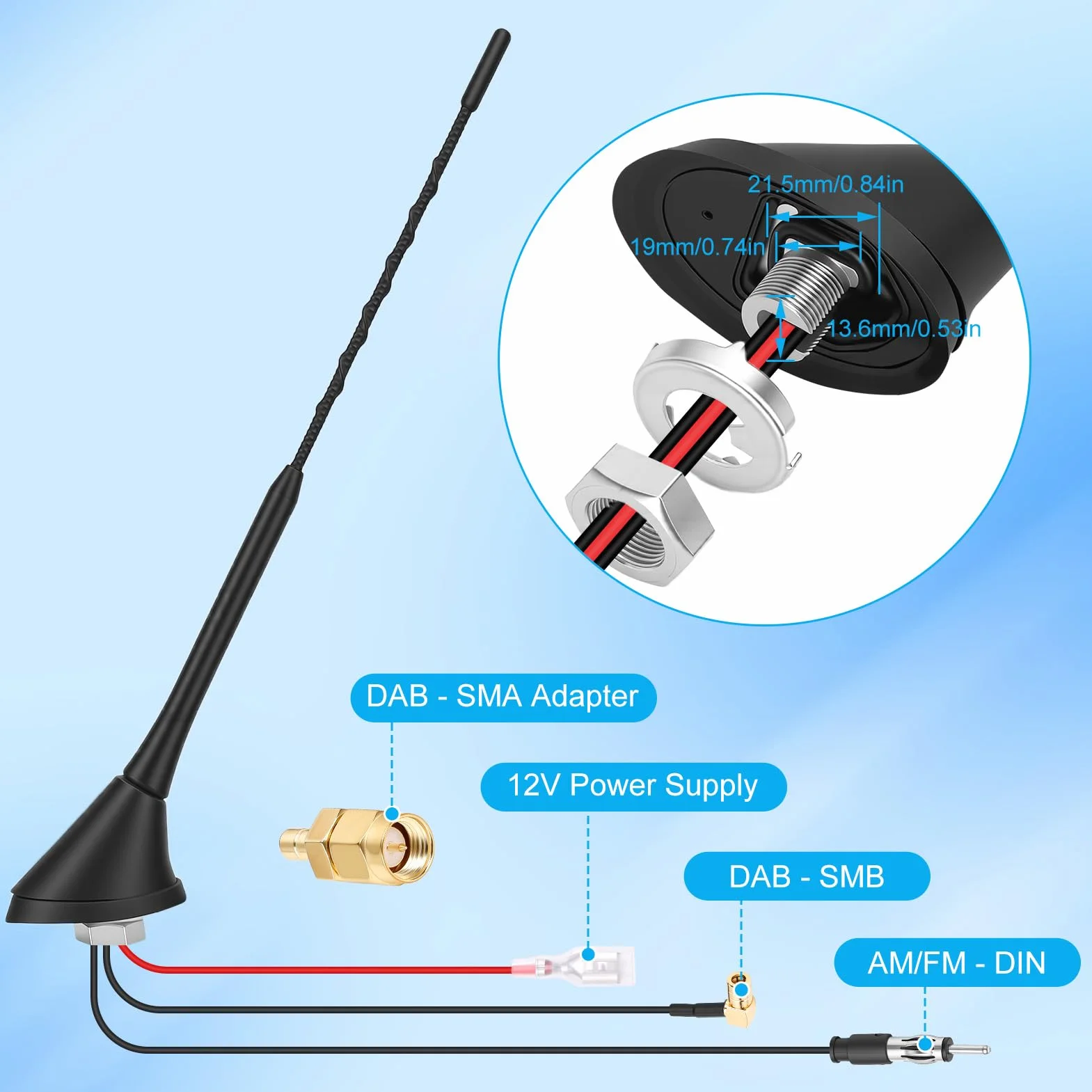 Yosoo Health Gear DAB DAB+ Antenna Auto, Digitale Antenna per Autoradio con 5m Cavo Coassiale, Connettori SMB/SMA e Presa DIN, Amplificatore Divisore Segnale Autoradio