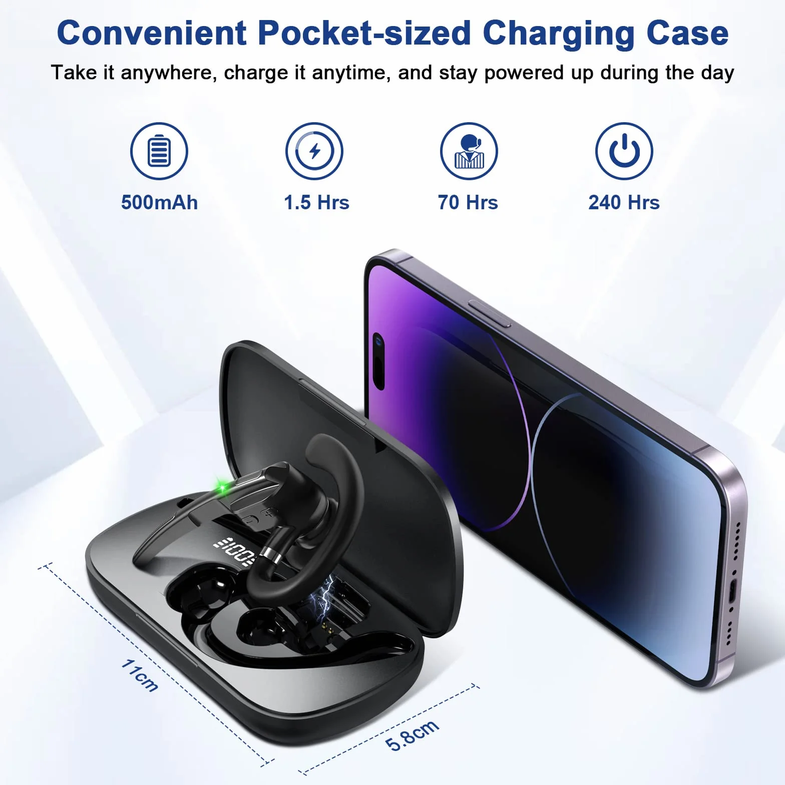 Auricolare Bluetooth, V5.1 Cuffie Wireless, Singolo con Microfono, 70 Ore di Conversazione con Custodia di Ricarica, CVC8.0 Vivavoce Mani Libere con Mute LED per Guida Lavoro Ufficio